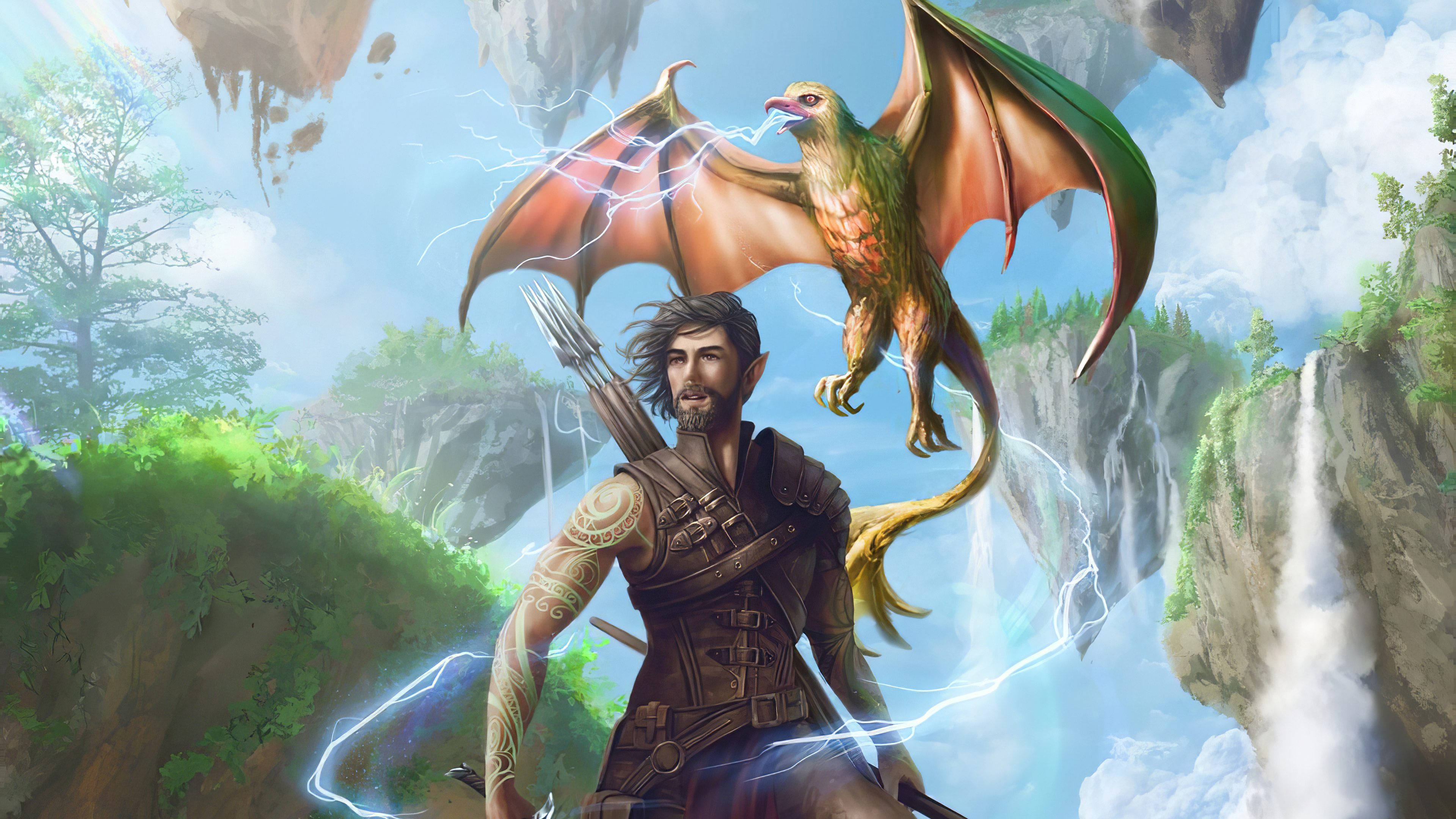 Download mobile wallpaper Fantasy, Warrior, Creature, Elf, Floating Island for free.