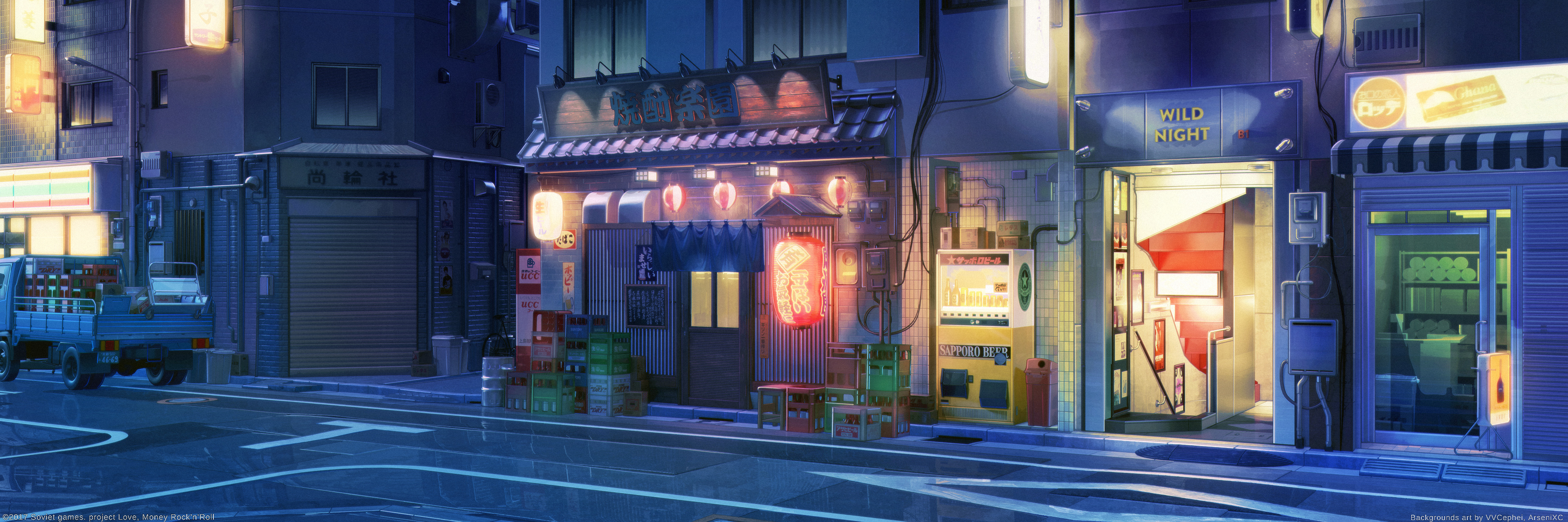 anime, shop, lantern, light, night, store, street