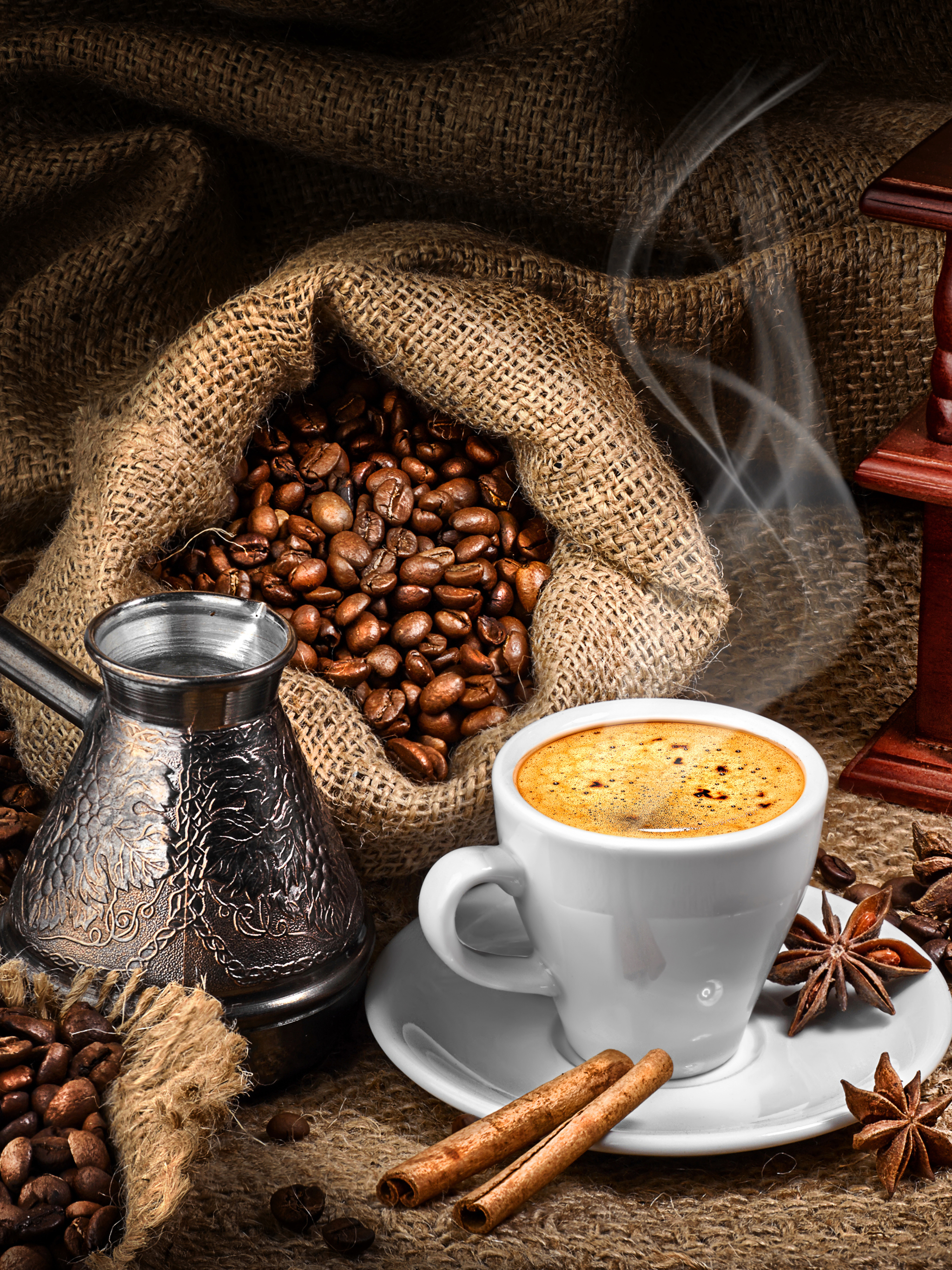 Download mobile wallpaper Food, Coffee, Cinnamon, Cup, Coffee Beans, Star Anise for free.