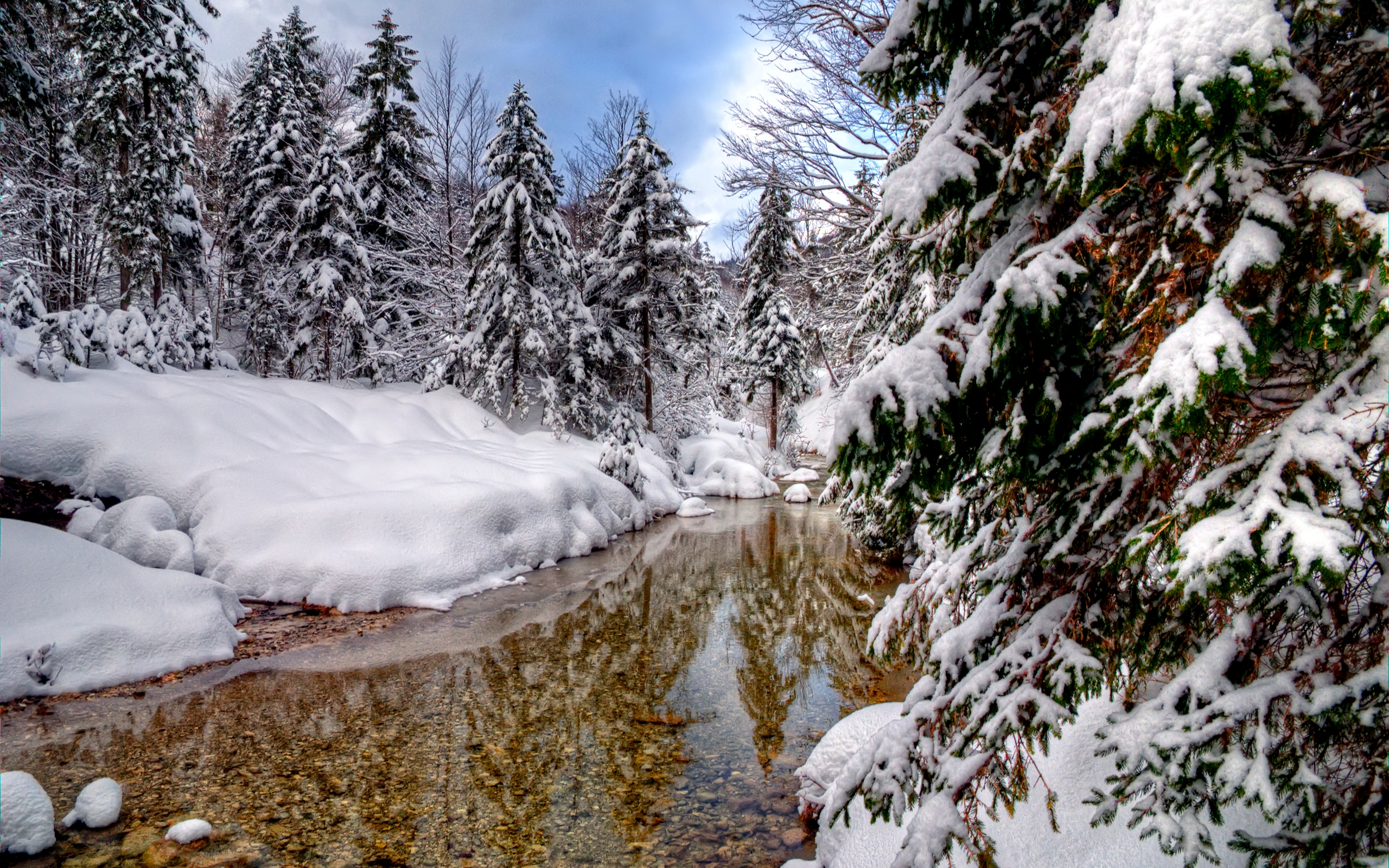 Free download wallpaper Winter, Water, Snow, Tree, Earth, Stream, Scenery on your PC desktop