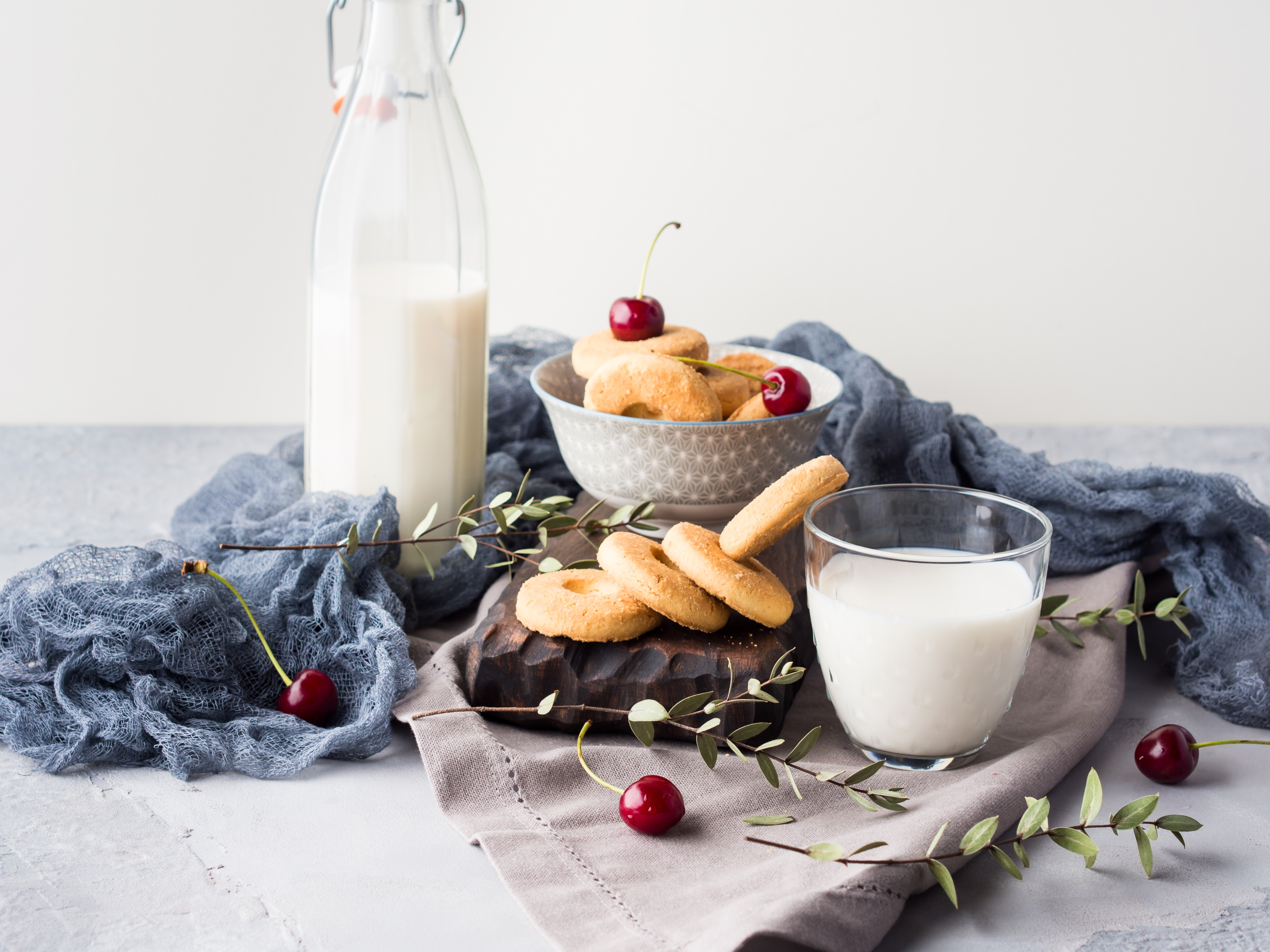 Download mobile wallpaper Food, Cherry, Still Life, Bottle, Milk, Cookie for free.