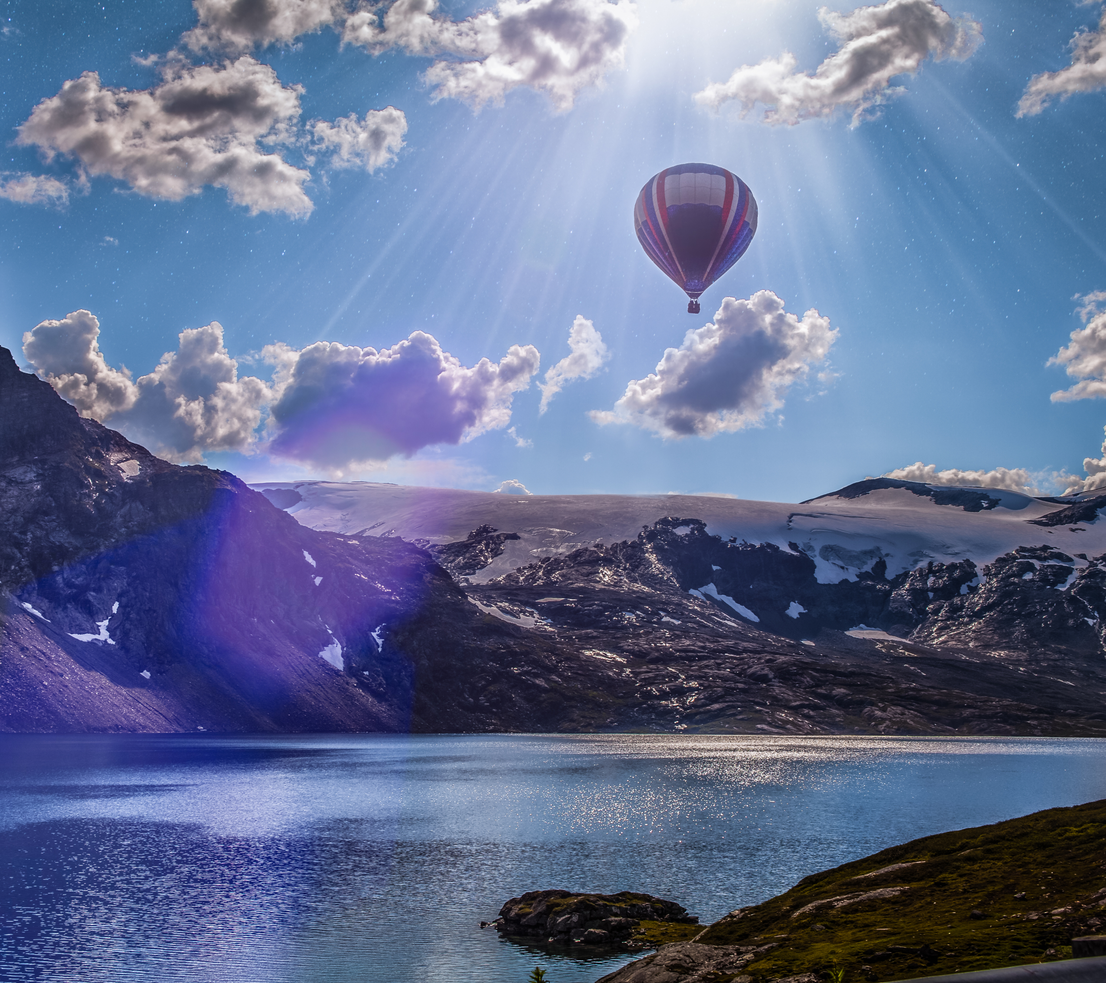 1269172 Hintergrundbild herunterladen fahrzeuge, heißluftballon, sonnenschein, norwegen, skandinavien, sonnenstrahl, sonnenbohne, wolke - Bildschirmschoner und Bilder kostenlos