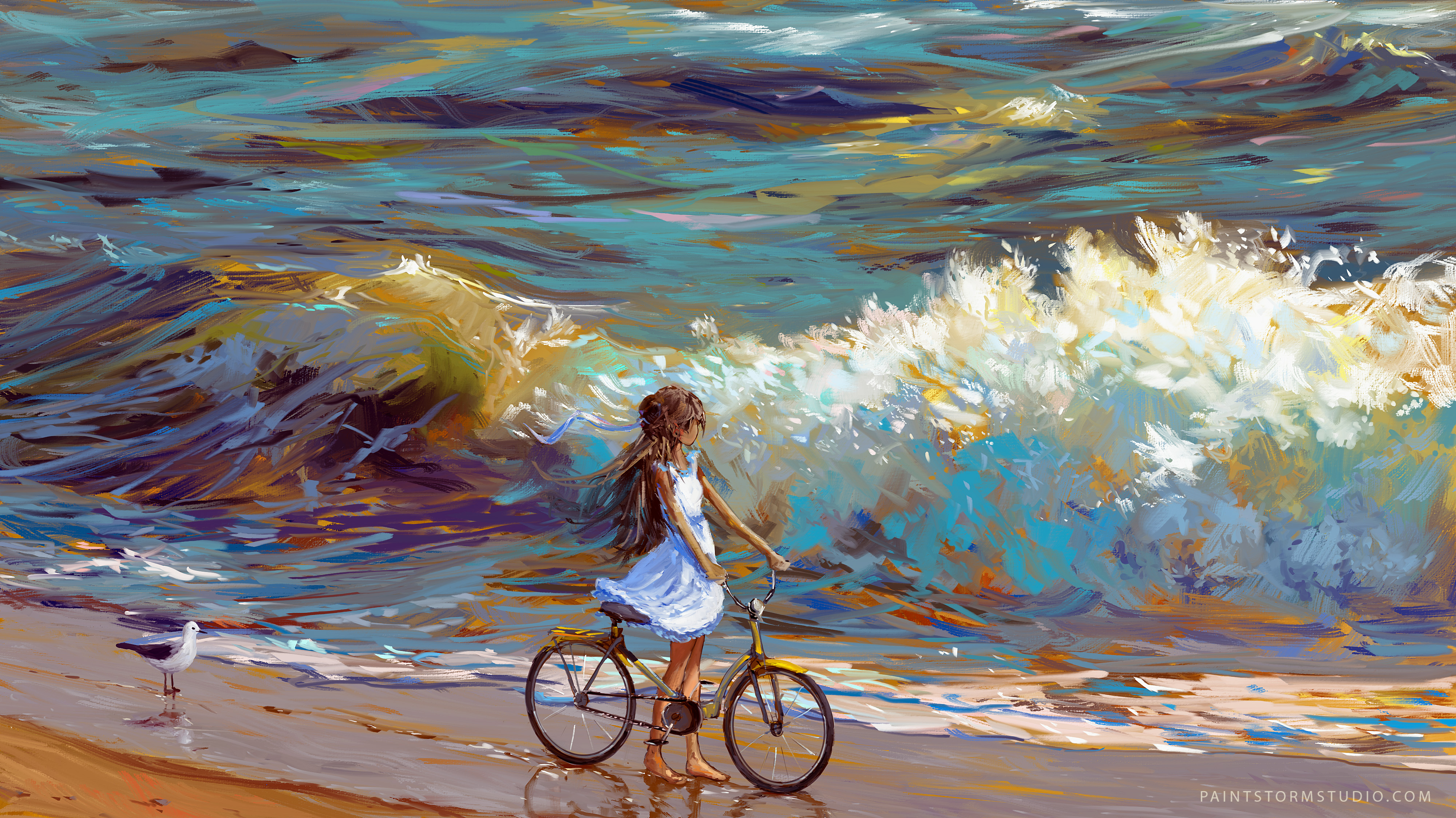 122030 скачать картинку берег, море, арт, ребенок, велосипед, велосипедист - обои и заставки бесплатно