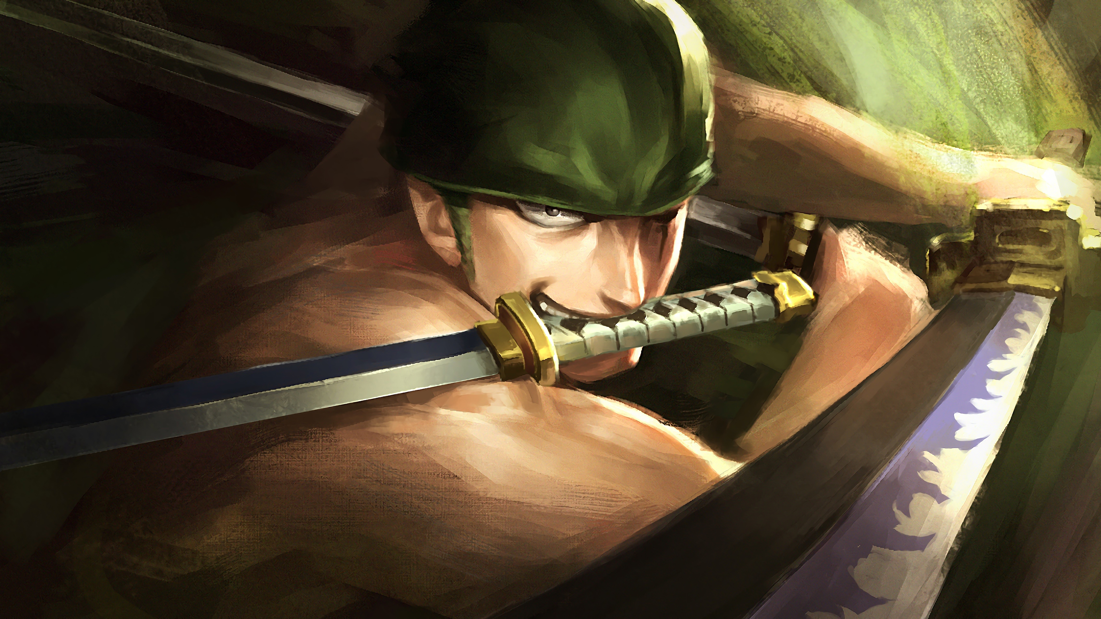 roronoa zoro, anime, one piece, green hair, headband, sword