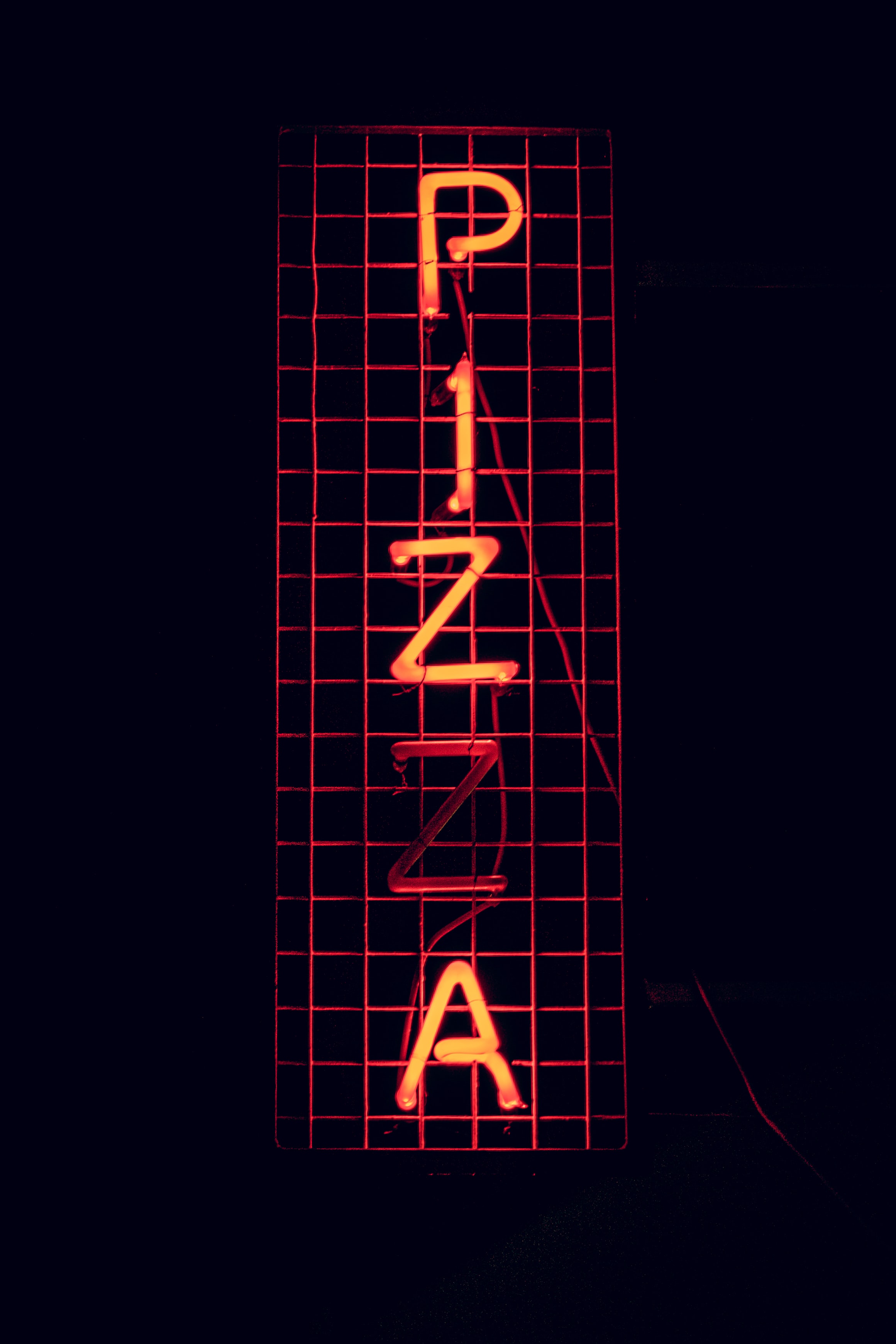 pizza, text, signboard, dark, words, neon, sign