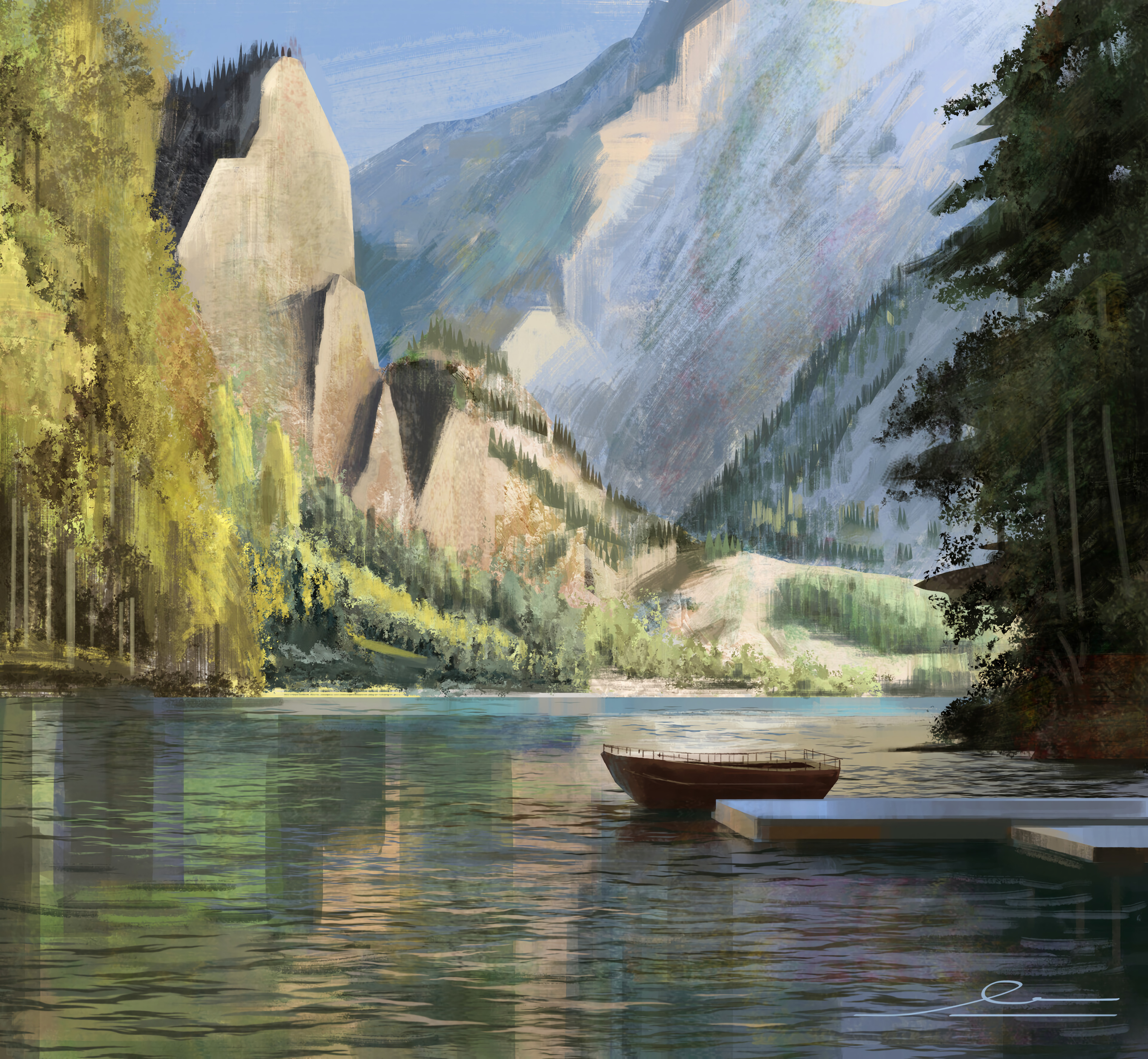 Laden Sie das Bäume, Felsen, Die Steine, Ein Boot, Boot, Seebrücke, Kunst, Pier, Mountains-Bild kostenlos auf Ihren PC-Desktop herunter