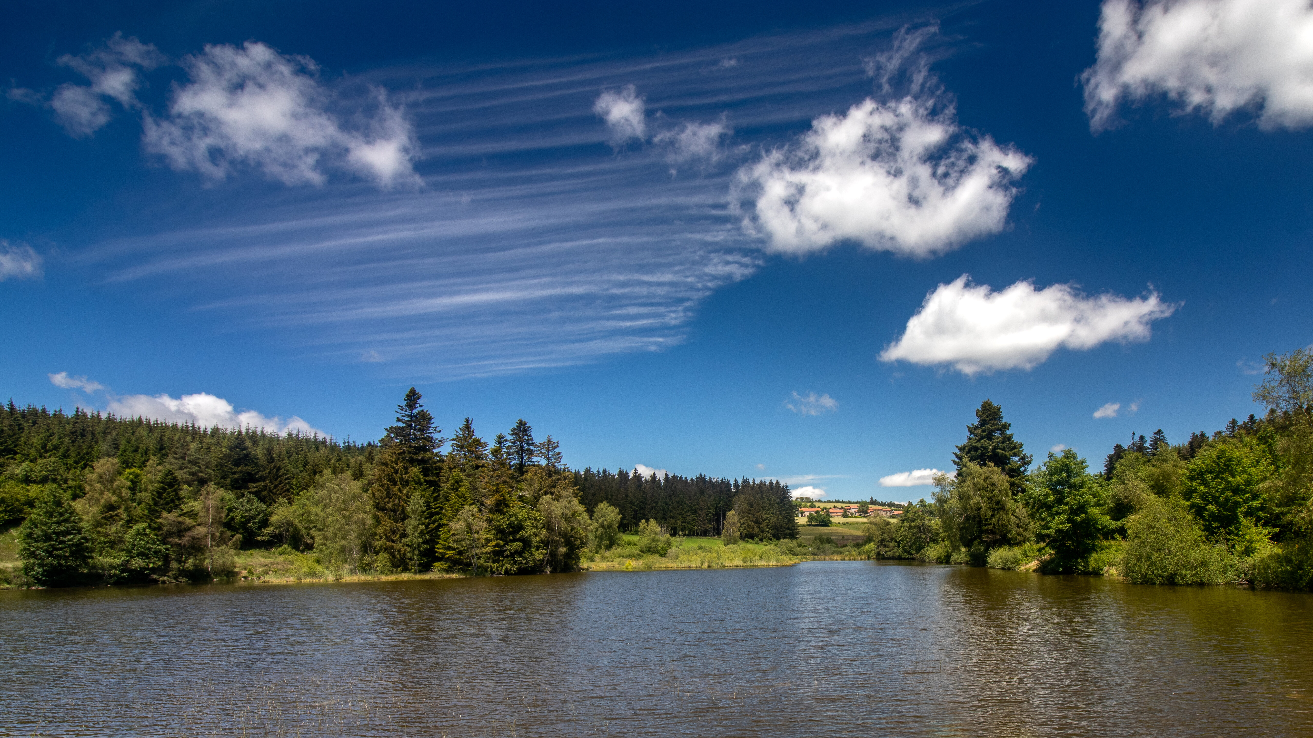 Free download wallpaper Trees, Sky, Lake, Spruce, Fir, Nature, Clouds on your PC desktop
