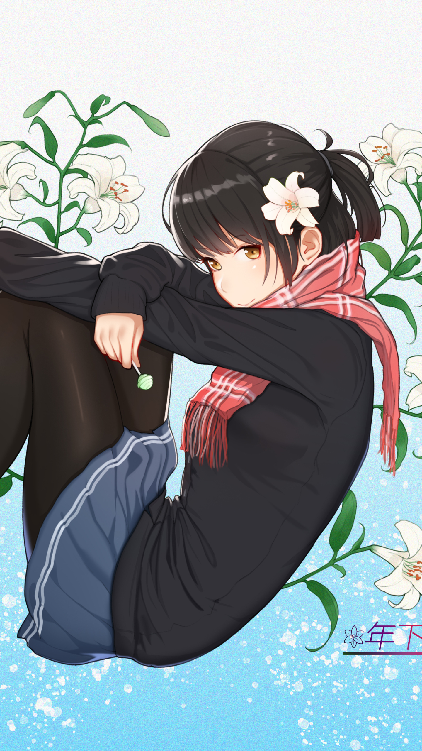 Download mobile wallpaper Anime, Flower, Lollipop, Scarf, Original, Black Hair, Short Hair, Orange Eyes for free.