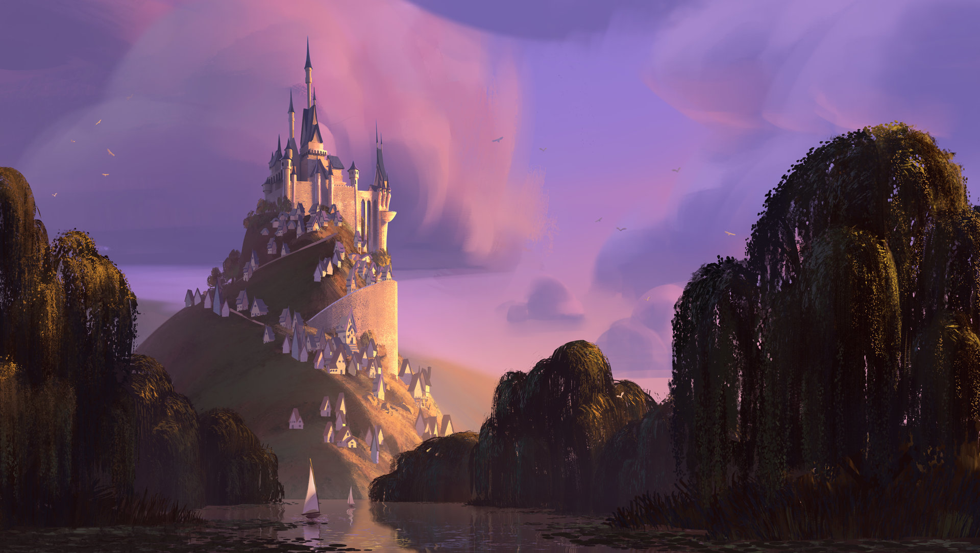 Free download wallpaper Fantasy, Castles, Boat, Hill, River, Castle on your PC desktop