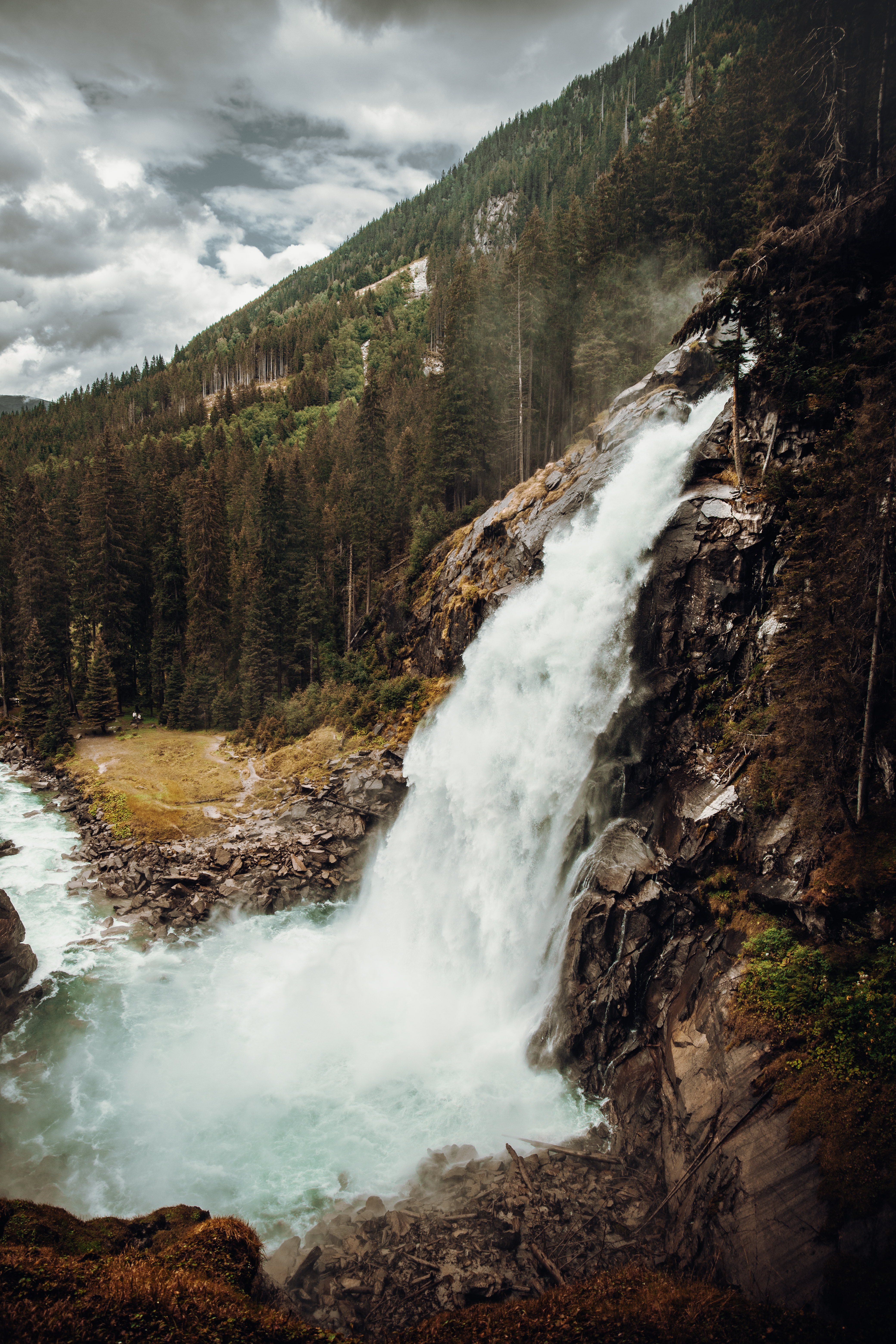 Download mobile wallpaper Slope, Mountain, Waterfall, Trees, Nature, Landscape for free.