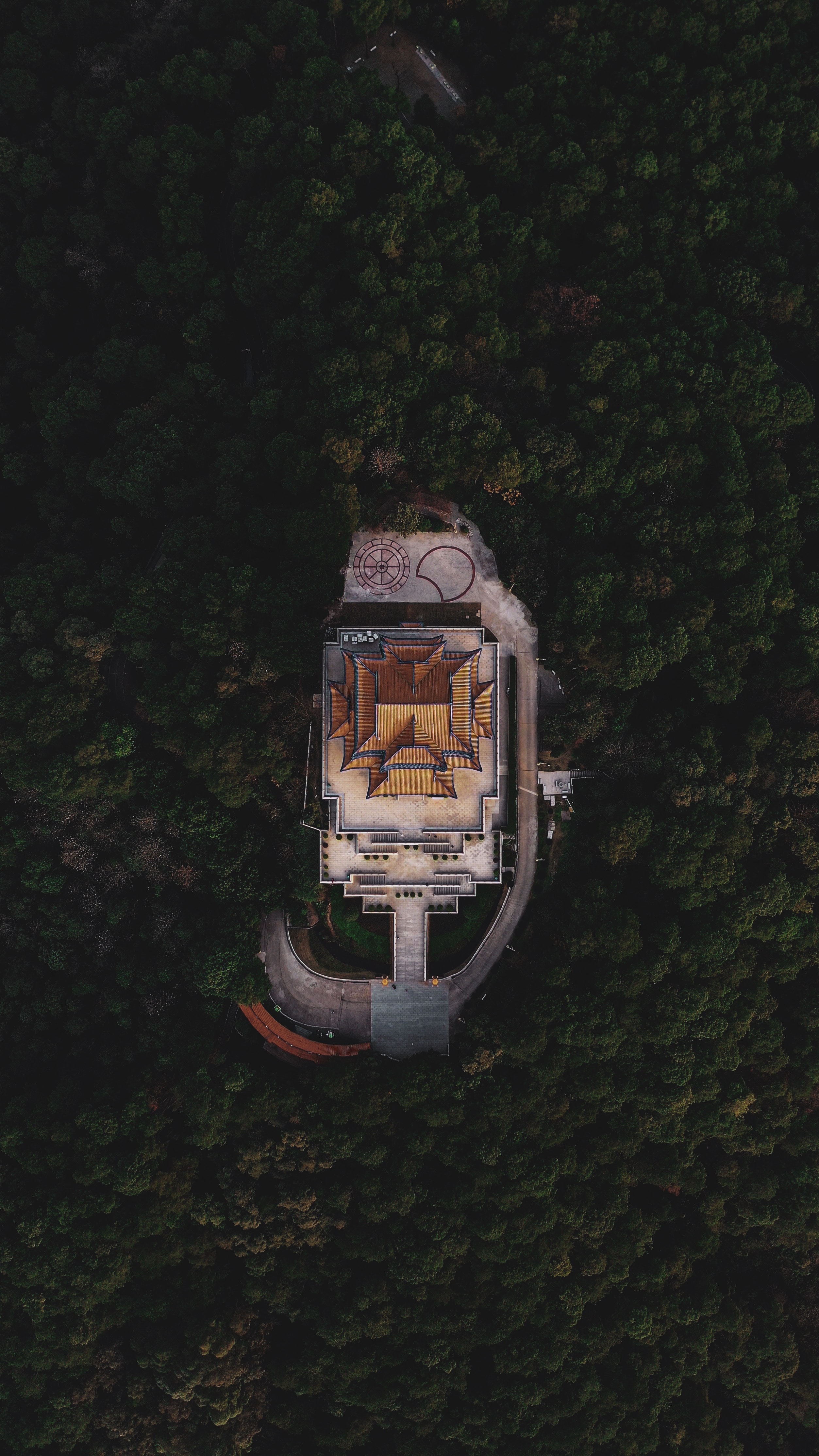 Download mobile wallpaper Building, Miscellaneous, Roof, View From Above, Miscellanea, Trees, Forest for free.