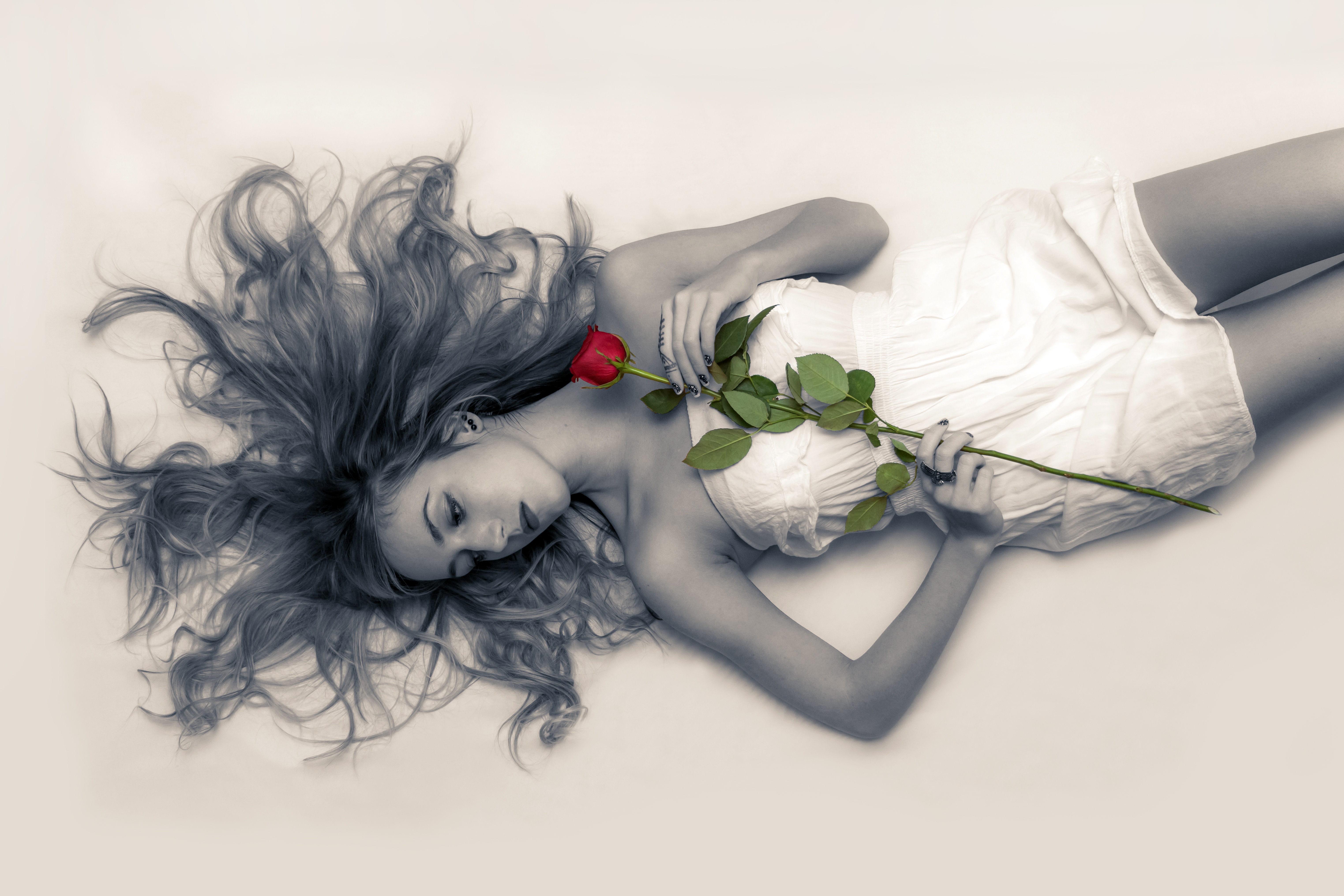 Download mobile wallpaper Mood, Women, Red Rose, Lying Down, White Dress for free.