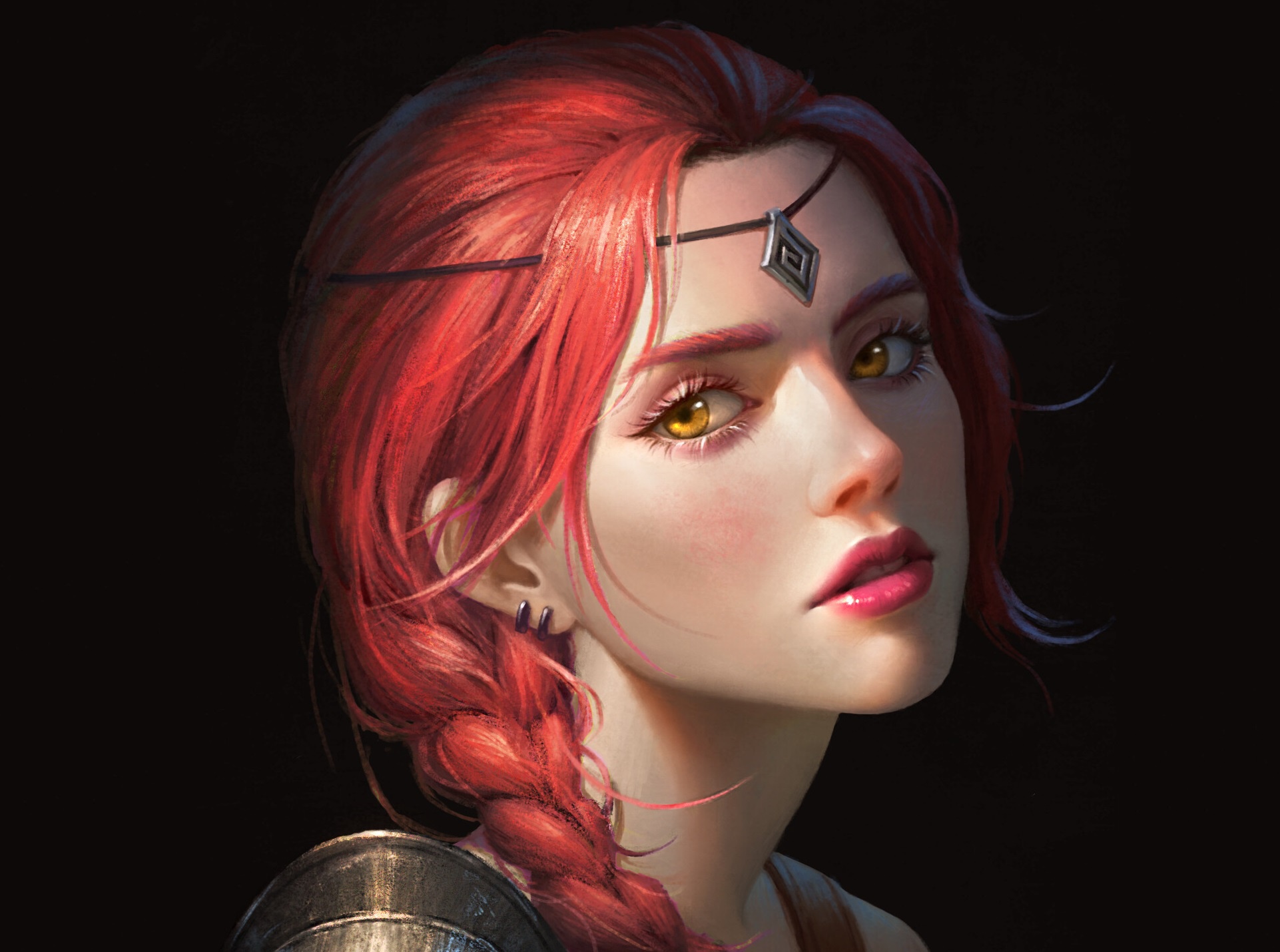 Download mobile wallpaper Fantasy, Face, Women, Yellow Eyes, Red Hair for free.