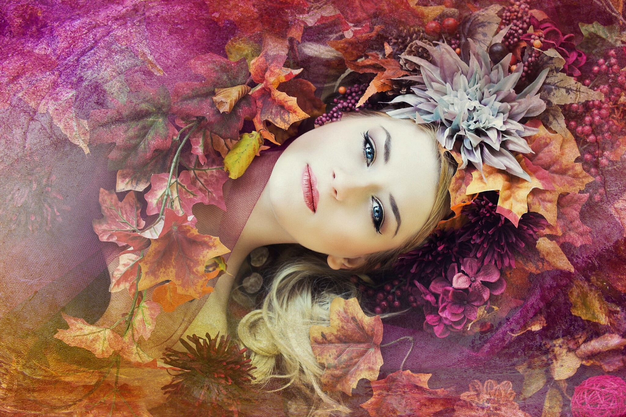 Download mobile wallpaper Fantasy, Flower, Leaf, Fall, Women, Blue Eyes for free.