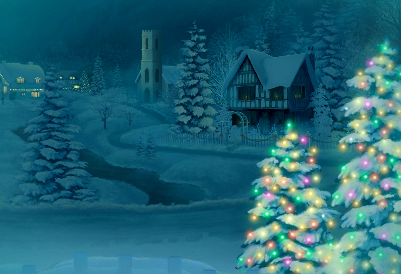 Download mobile wallpaper Winter, Snow, Light, House, Christmas Tree, Painting, Artistic, Church for free.