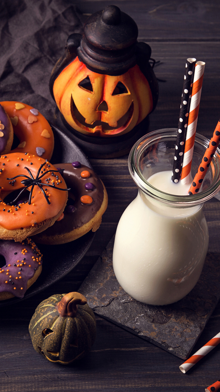 Handy-Wallpaper Feiertage, Halloween, Krapfen, Essen, Milch, Speisen, Donut kostenlos herunterladen.