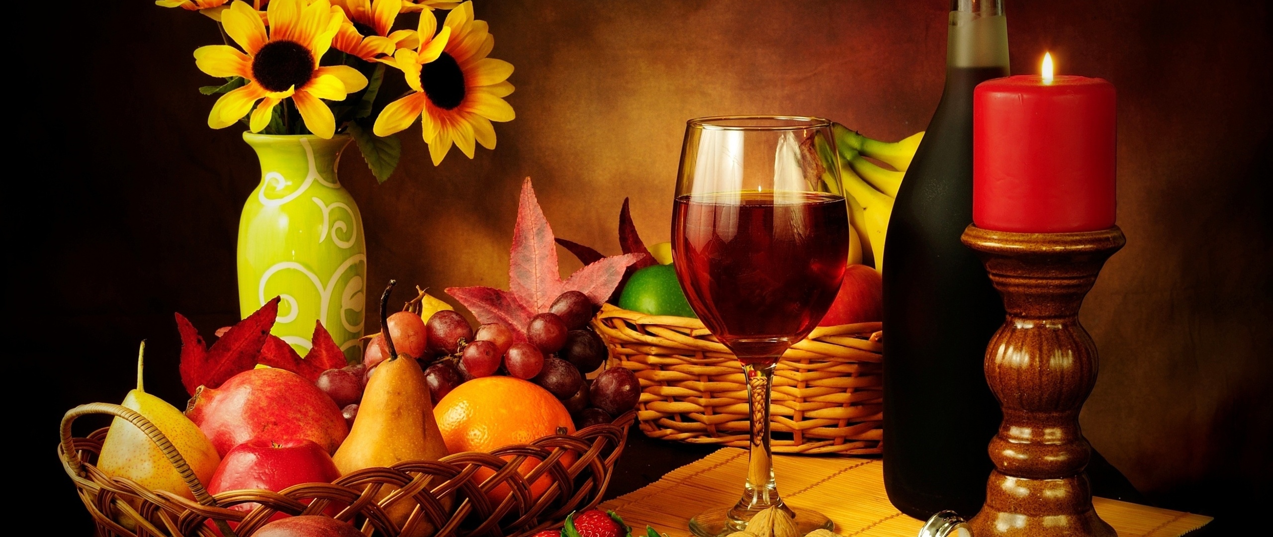 Free download wallpaper Still Life, Leaf, Fall, Fruit, Sunflower, Candle, Photography, Wine on your PC desktop