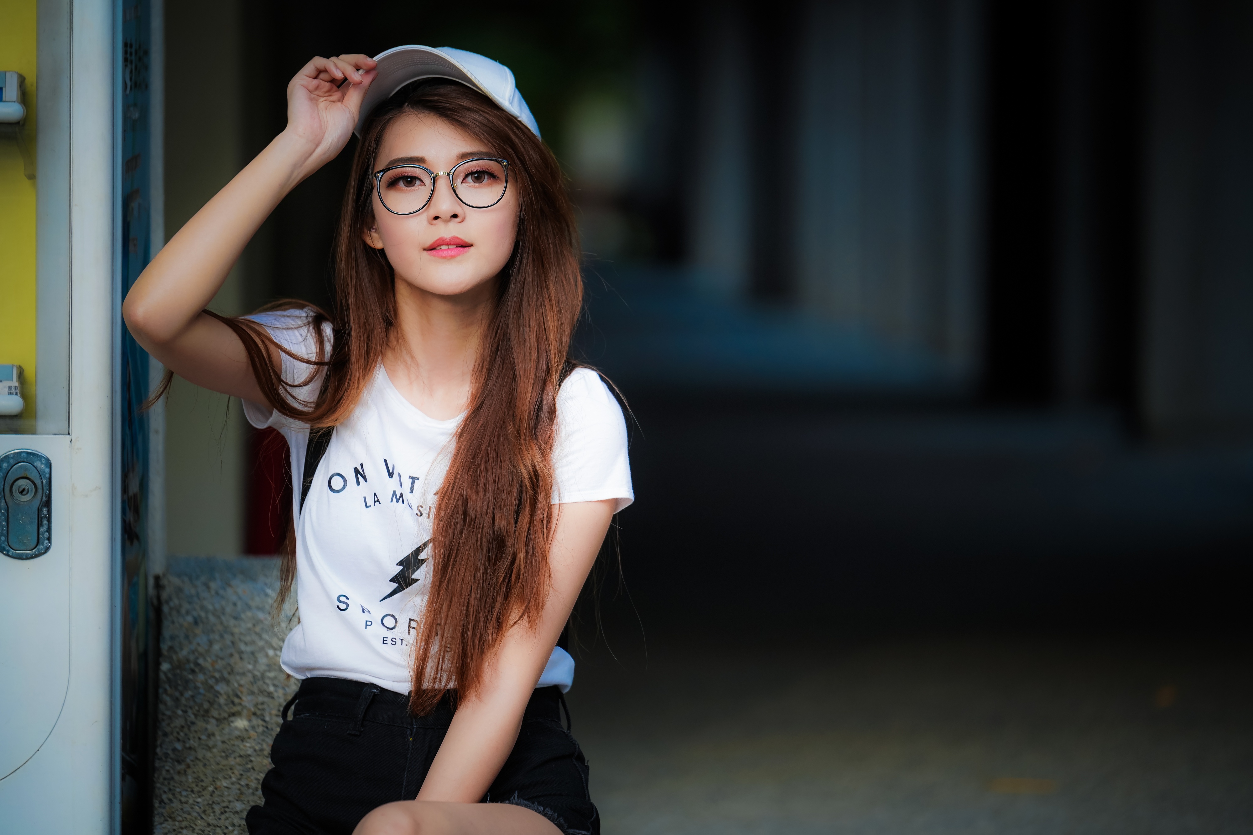 Download mobile wallpaper Cap, Glasses, Brunette, Model, Women, Asian, Long Hair, Depth Of Field for free.