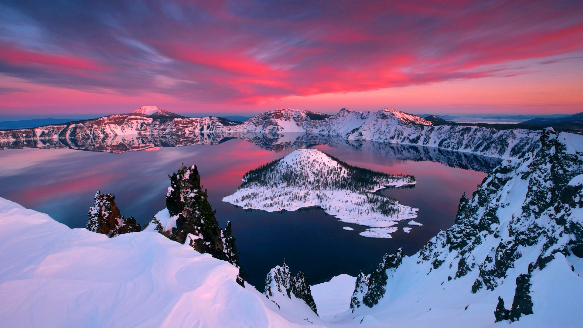 earth, crater lake, lake, mountain, pink, sky, snow, sunset, winter