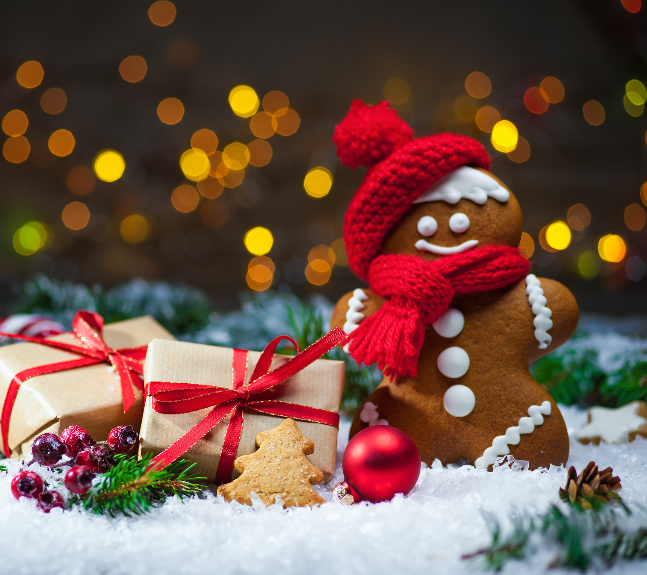 Download mobile wallpaper Christmas, Holiday, Gift, Bokeh, Gingerbread, Cookie for free.