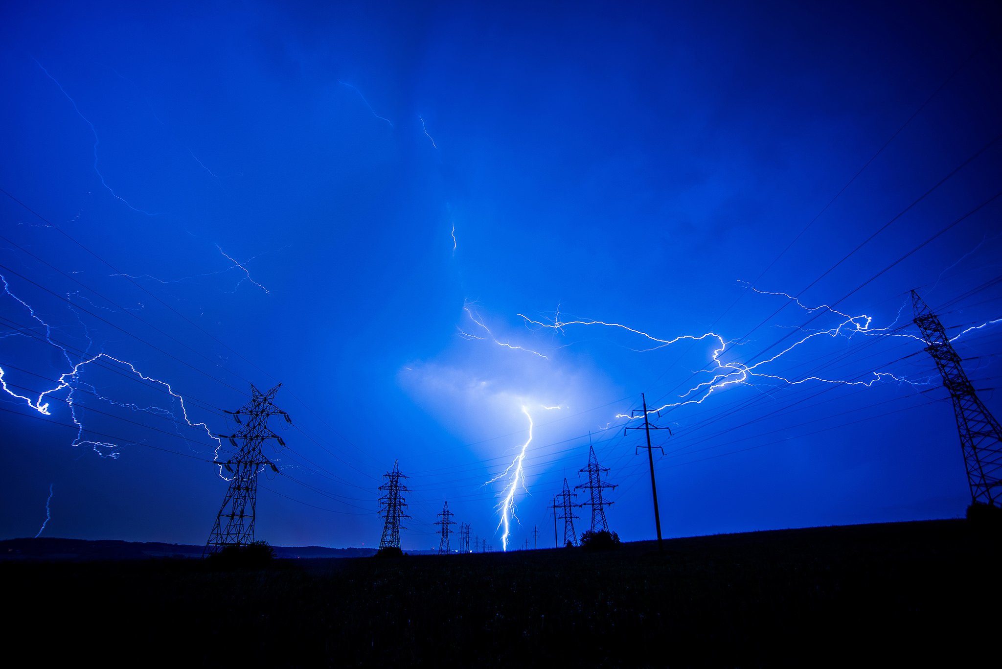 Free download wallpaper Sky, Night, Lightning, Photography, Power Line on your PC desktop