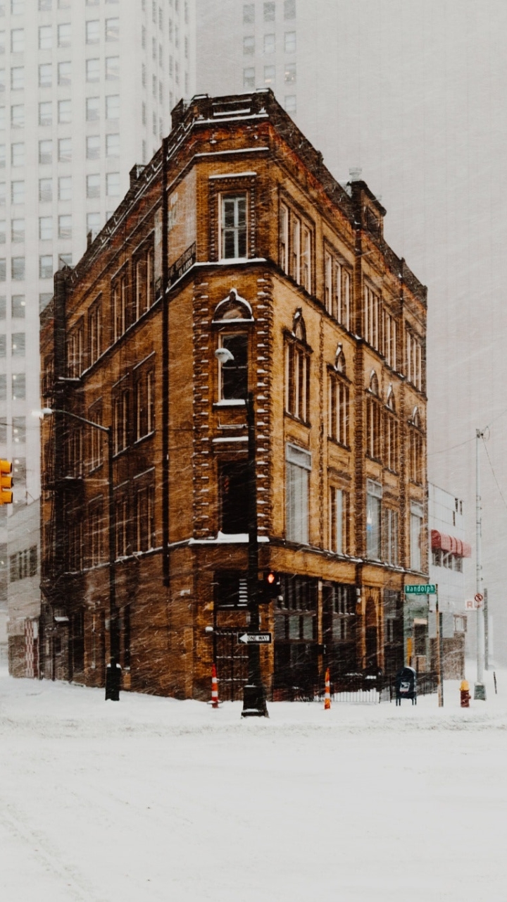 Download mobile wallpaper Cities, Winter, Snow, Usa, Building, Snowfall, Detroit, Man Made for free.