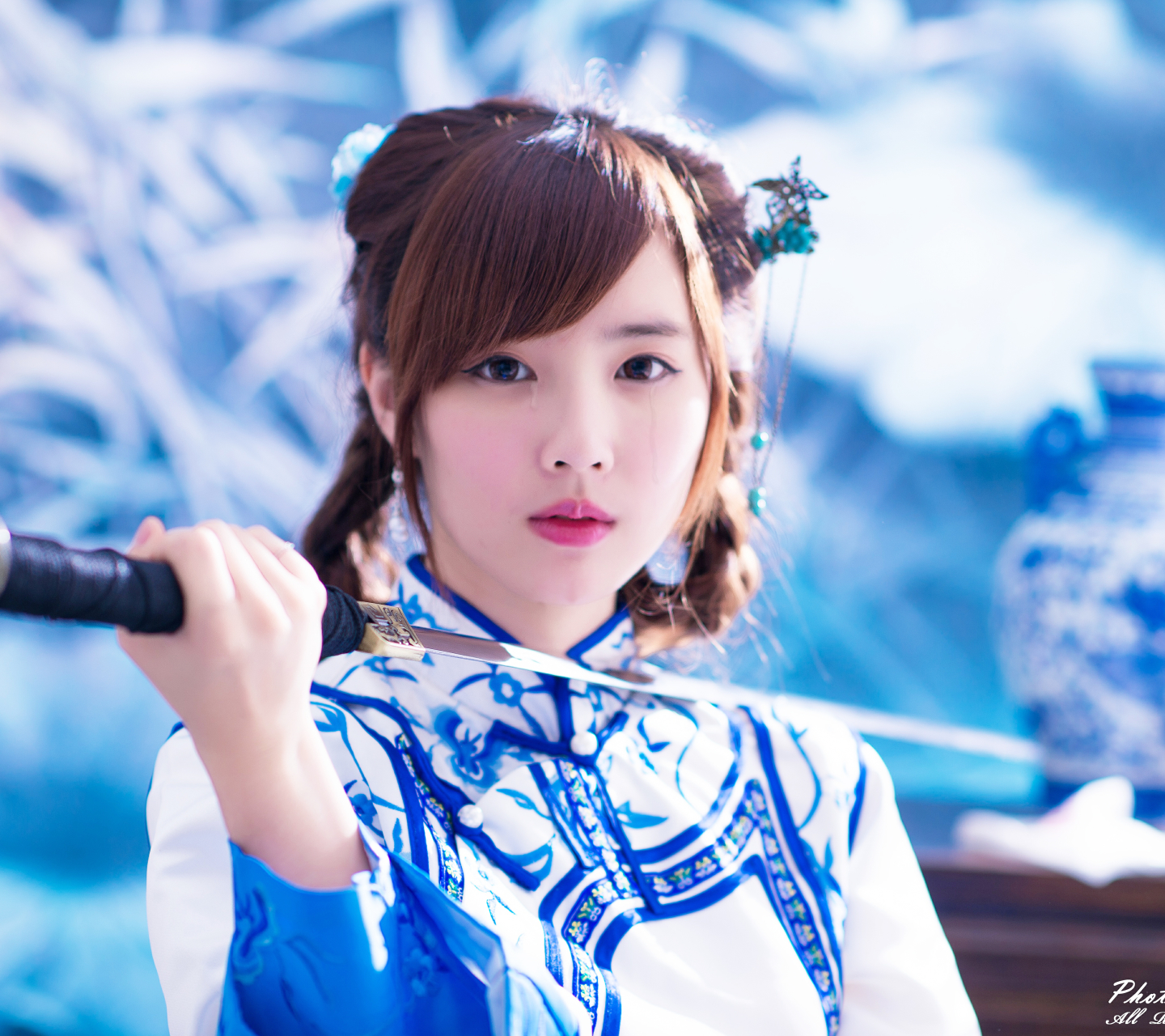 Download mobile wallpaper Model, Women, Sword, Tears, Asian, Taiwanese, Traditional Costume, Yu Chen Zheng for free.