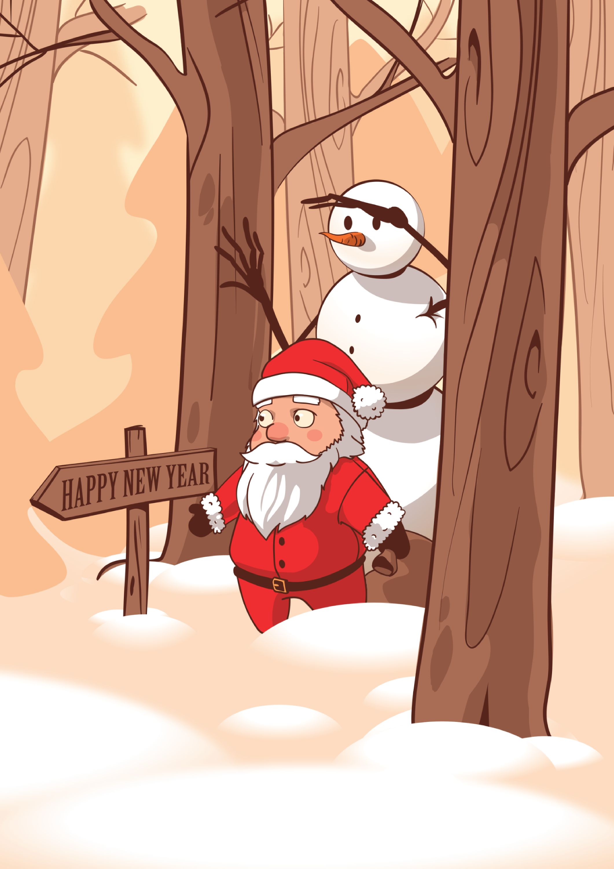 santa claus, vector, holidays, new year, snowman, forest
