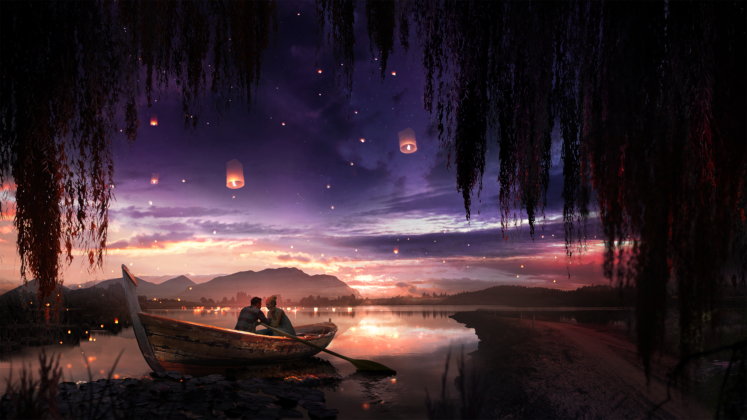 Free download wallpaper Fantasy, Love, Lake, Light, Lantern on your PC desktop