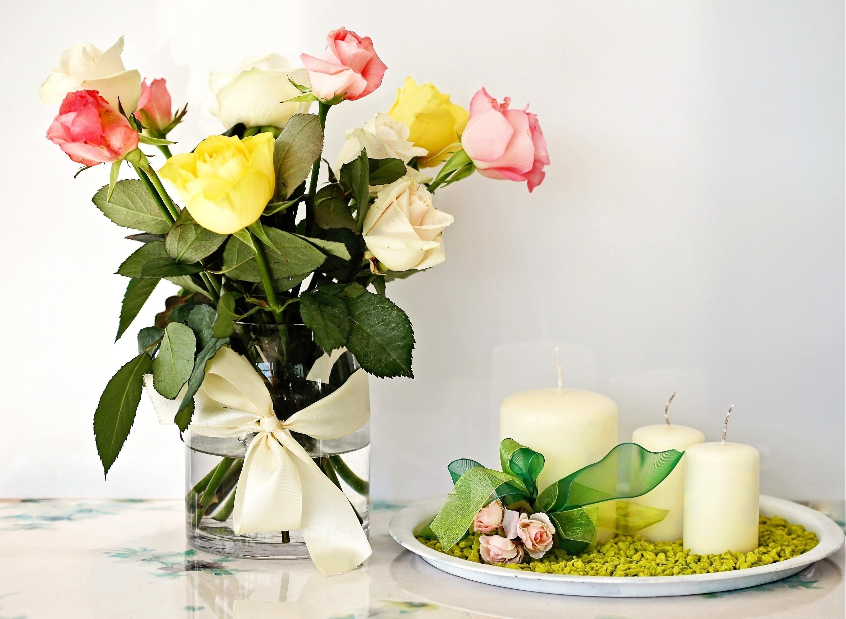 flowers, roses, candles, bouquet, vase, composition
