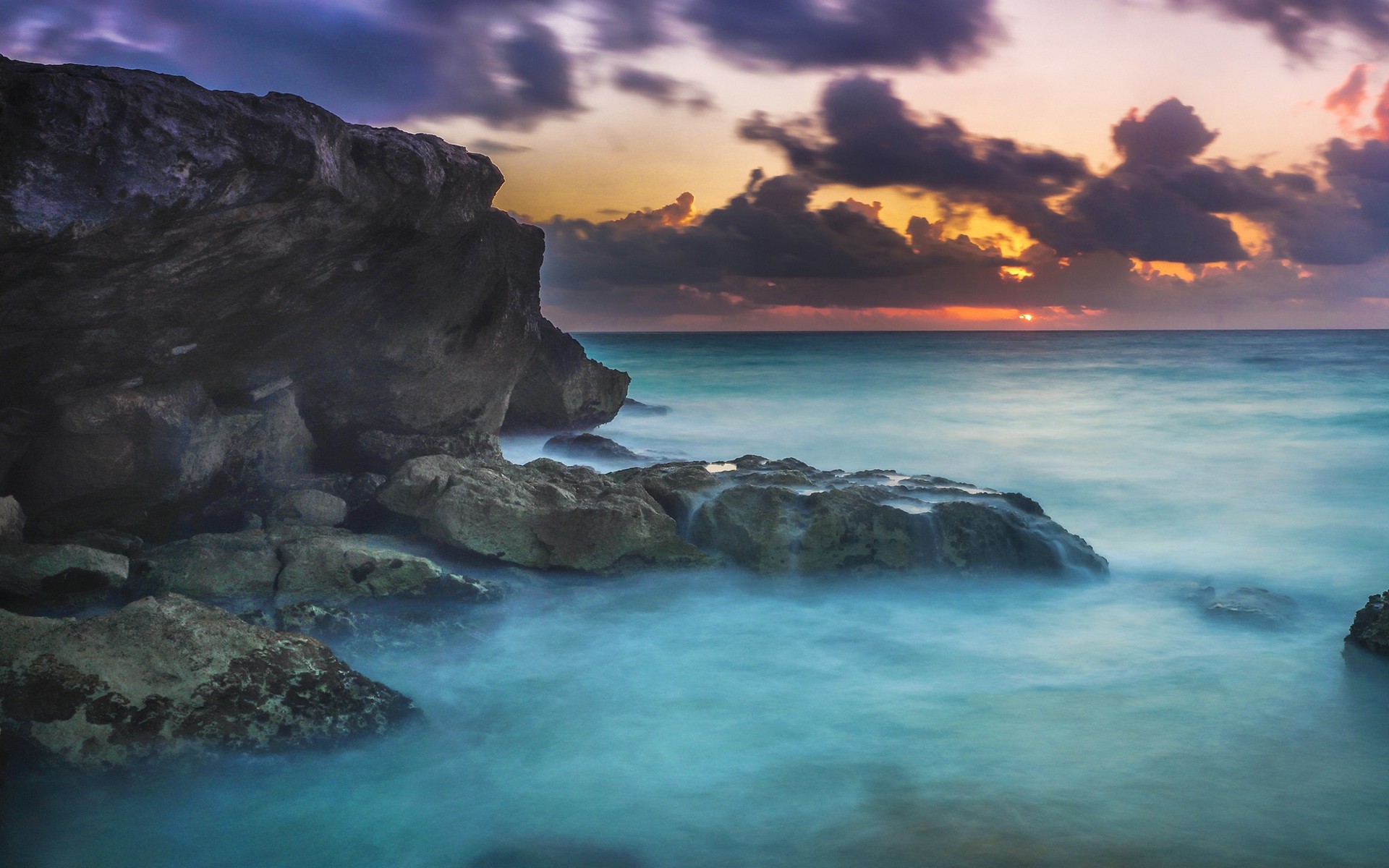 Download mobile wallpaper Sunset, Sky, Horizon, Fog, Ocean, Earth, Coastline for free.