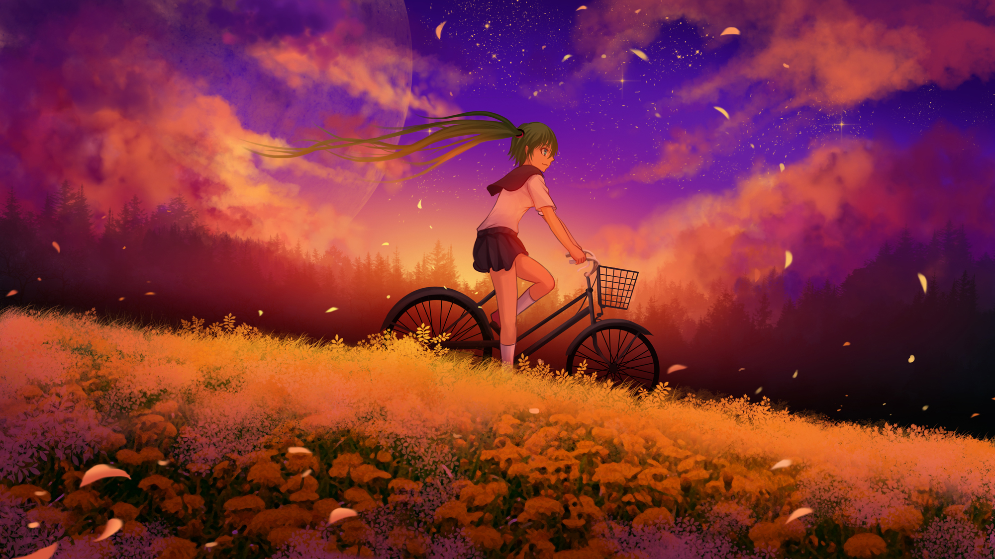 Free download wallpaper Anime, Sunset, Sky, Moon, Flower, Cloud, Bicycle, Vocaloid, Petal, School Uniform, Hatsune Miku, Long Hair on your PC desktop
