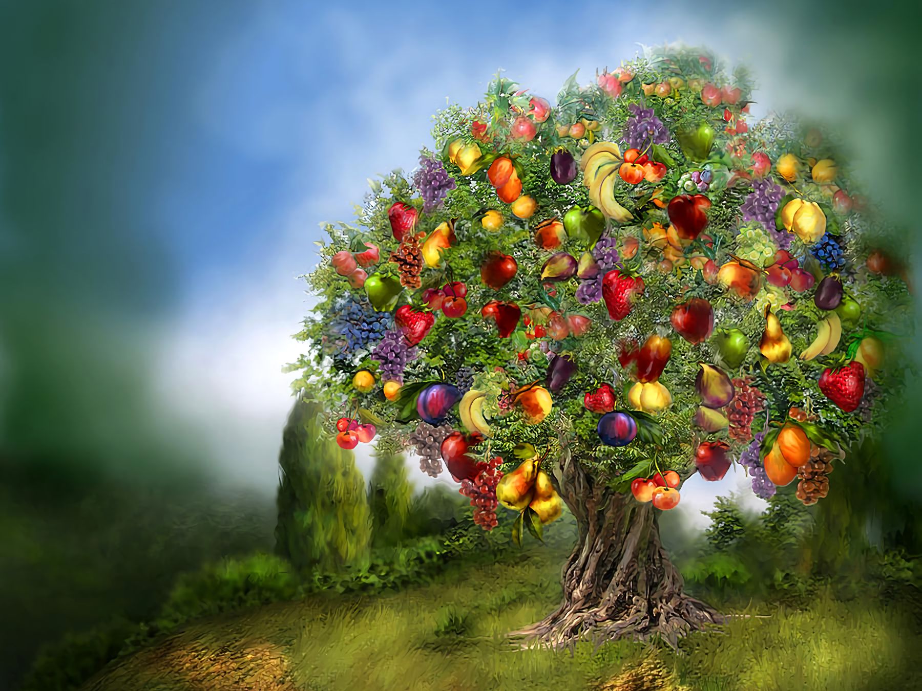 Free download wallpaper Fantasy, Tree, Fruit, Colorful, Artistic on your PC desktop