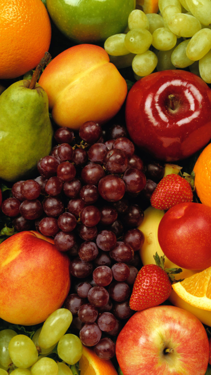 Download mobile wallpaper Fruits, Food, Strawberry, Apple, Grapes, Fruit, Orange (Fruit) for free.