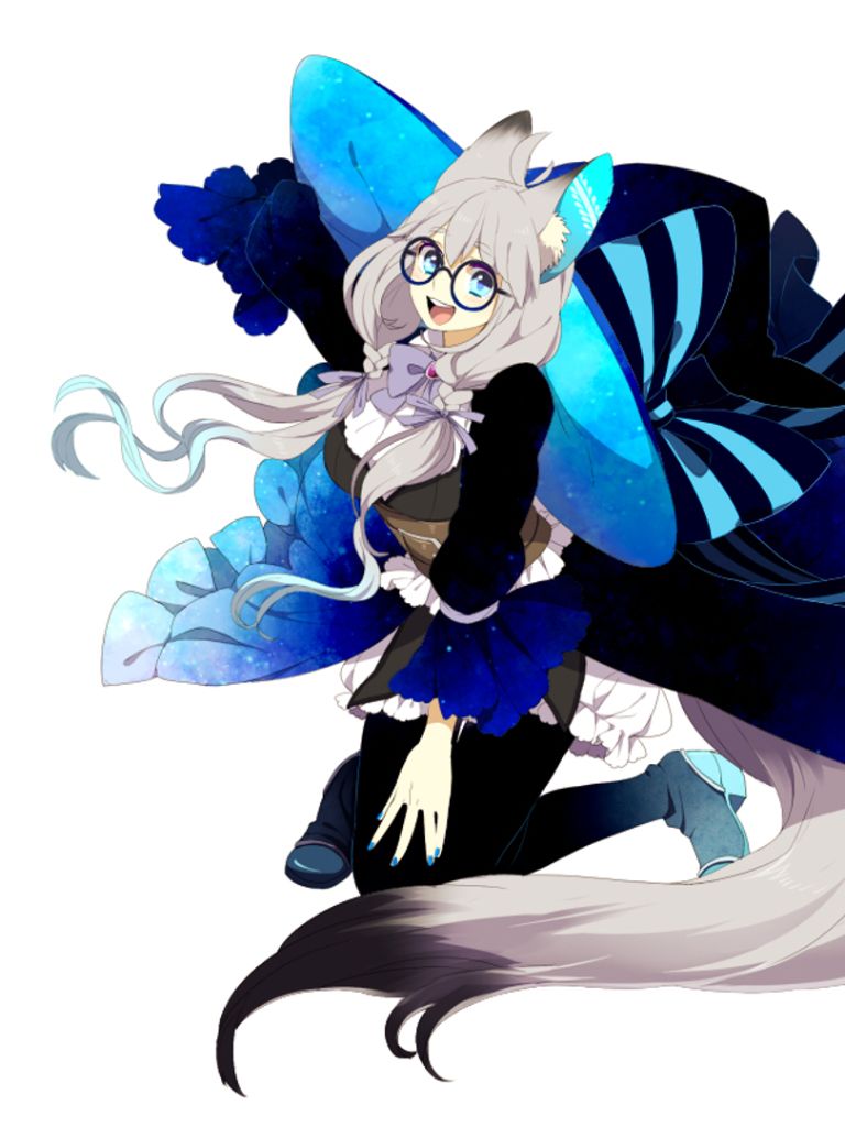 Download mobile wallpaper Anime, Smile, Tail, Glasses, Blue Eyes, Original, White Hair for free.