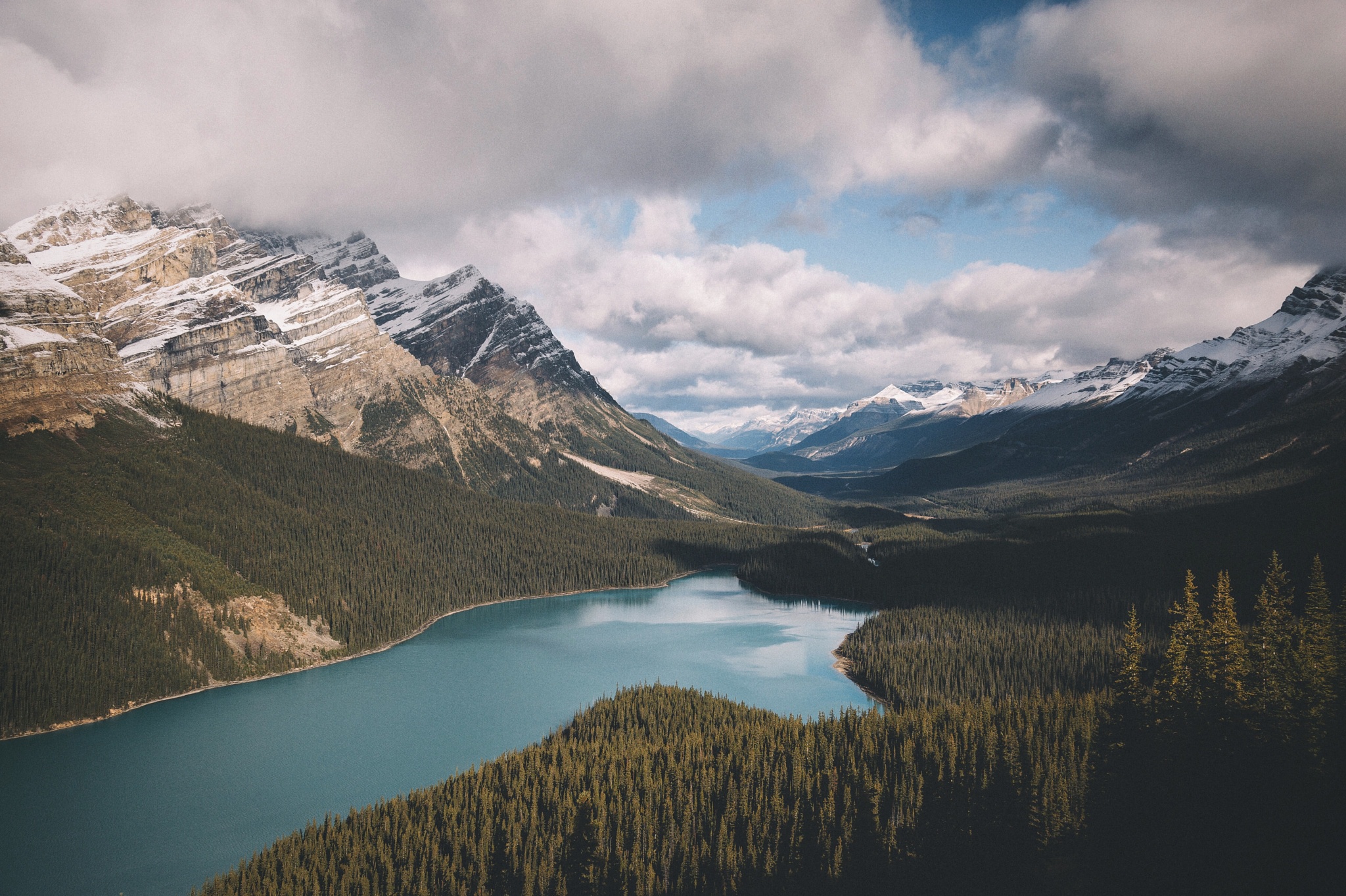Download mobile wallpaper Landscape, Nature, Lakes, Mountain, Lake, Canada, Forest, Earth, Panorama, Cloud, Aerial, Peyto Lake for free.