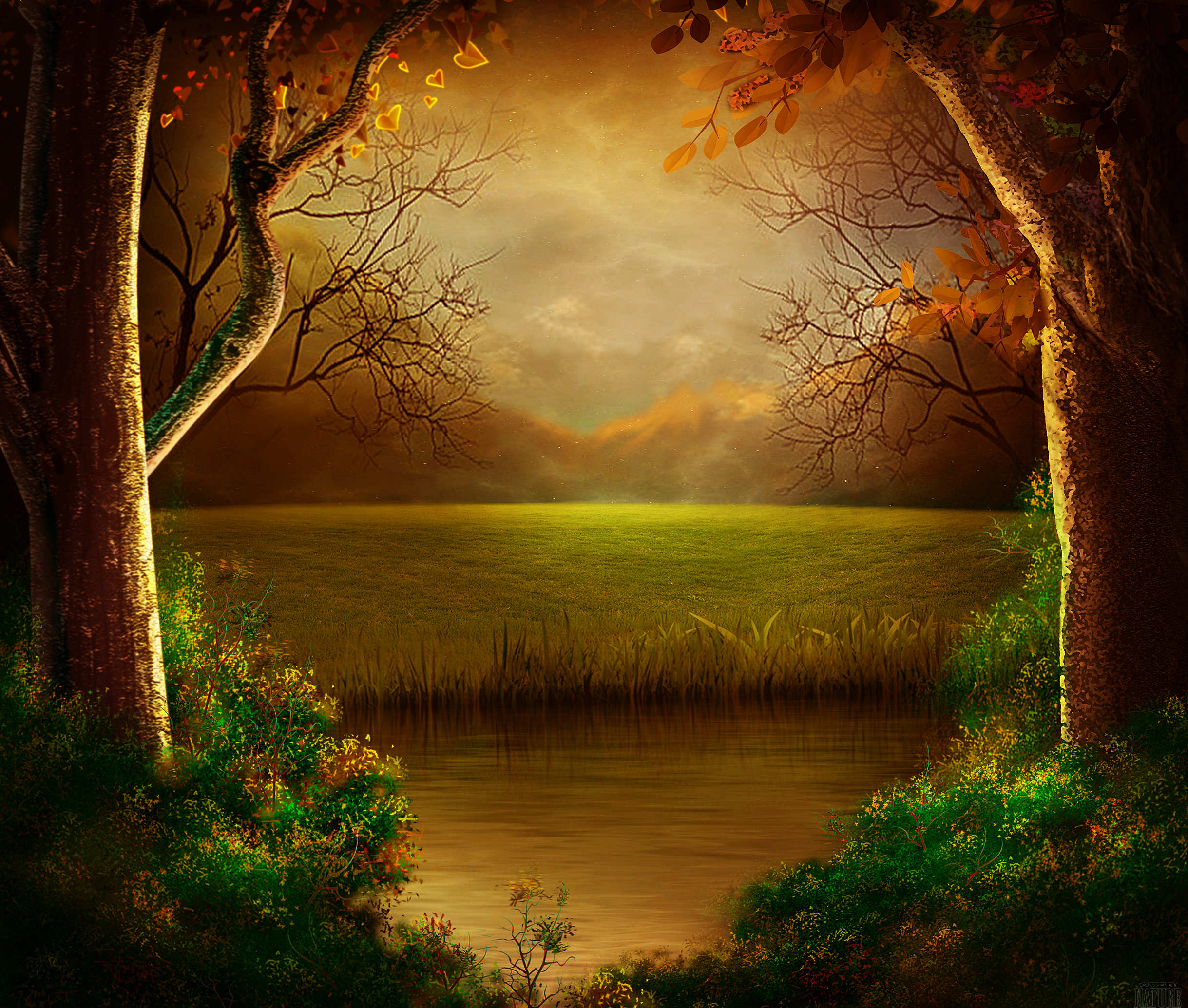 Free download wallpaper Fantasy, Flower, Forest, Tree, Fall, River on your PC desktop