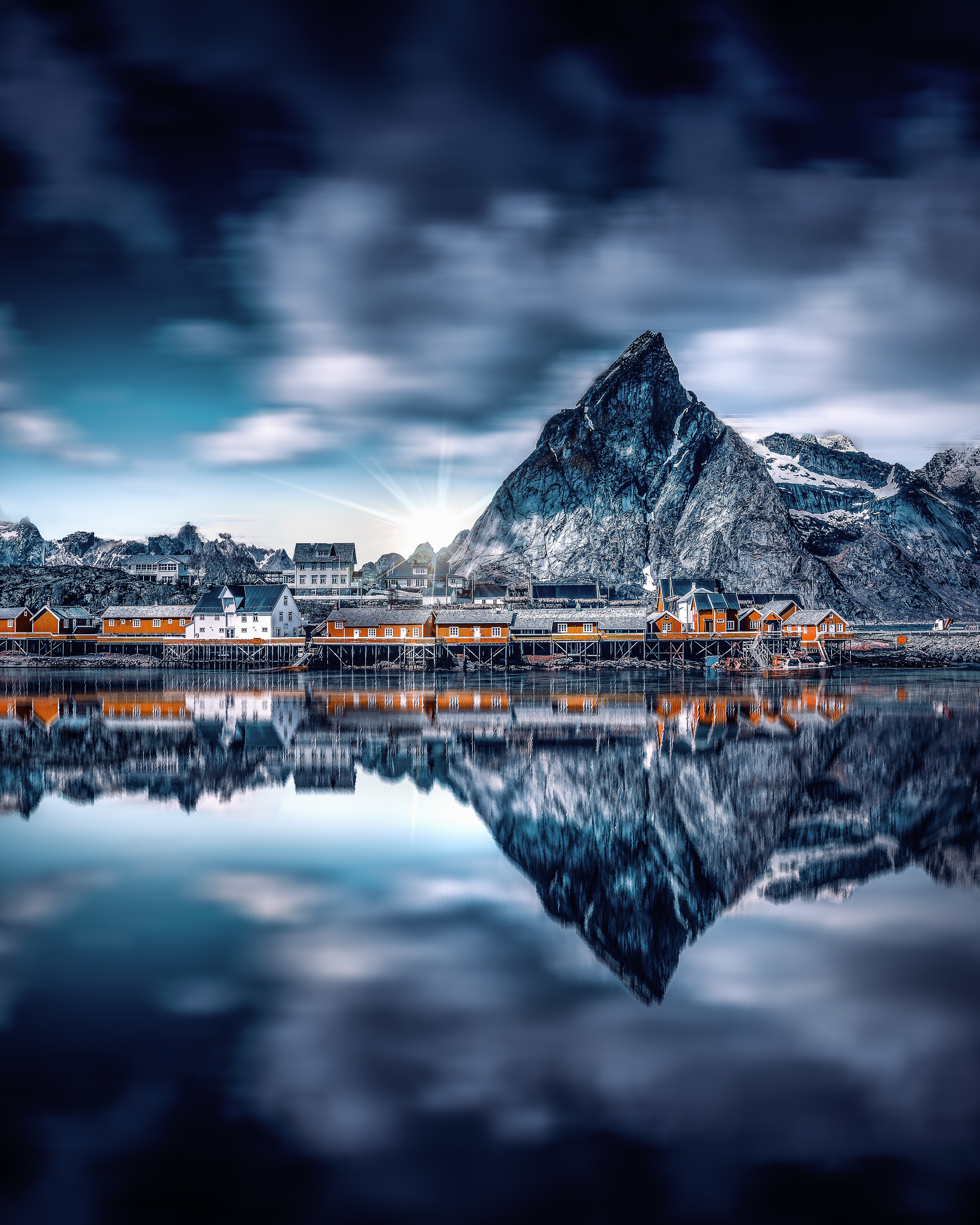 reflection, nature, mountains, lake, buildings for android
