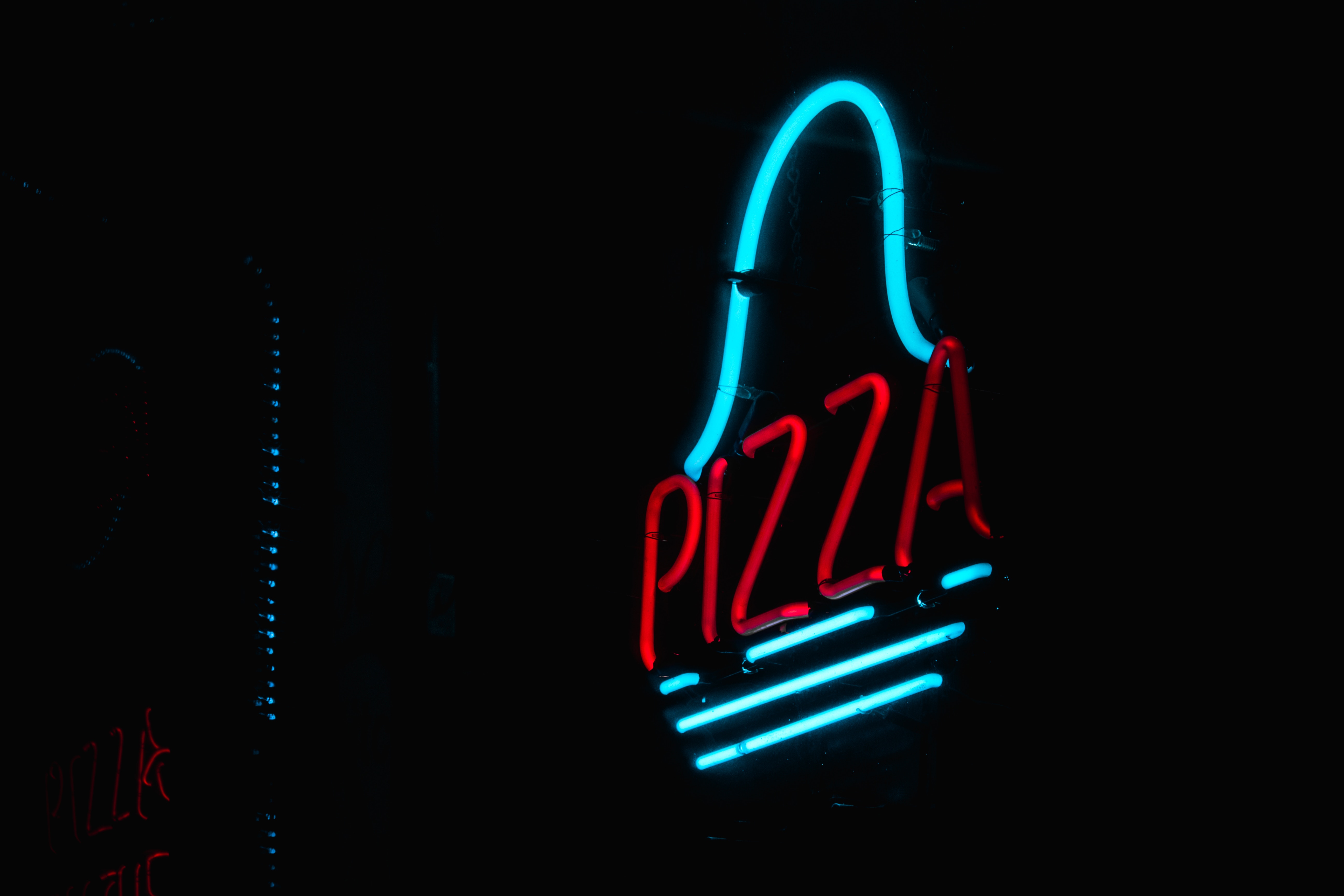 pizza, words, dark, neon, glow, sign, signboard 2160p