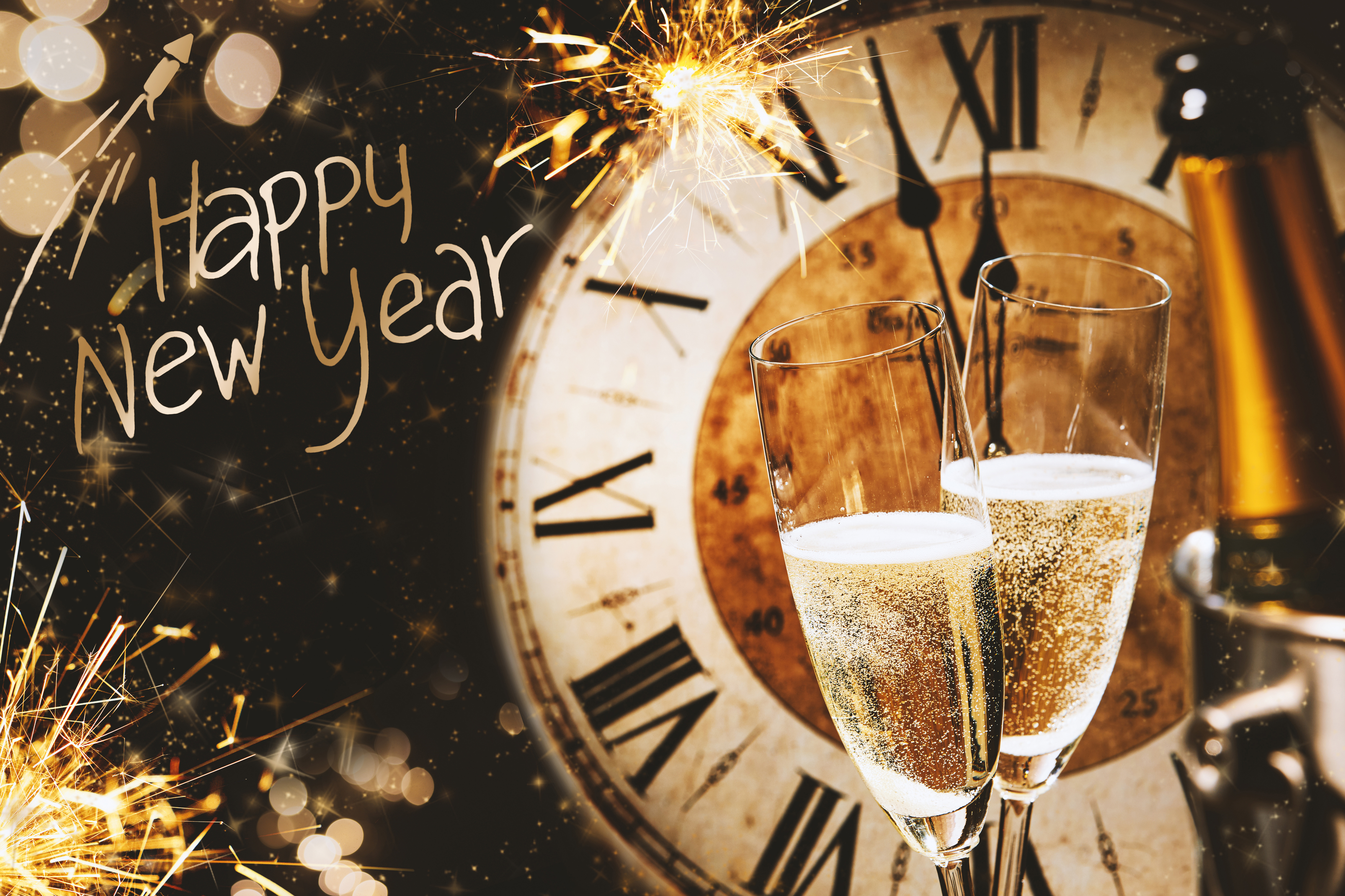 Скачать обои бесплатно Часы, Новый Год, Шампанское, Праздничные, Алкоголь, С Новым Годом картинка на рабочий стол ПК
