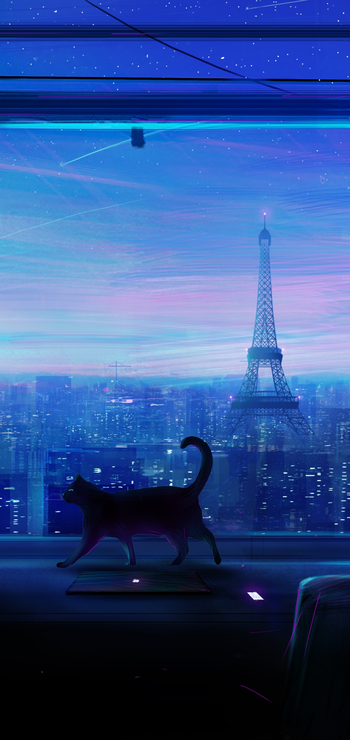 Download mobile wallpaper Anime, Stars, City, Cat for free.