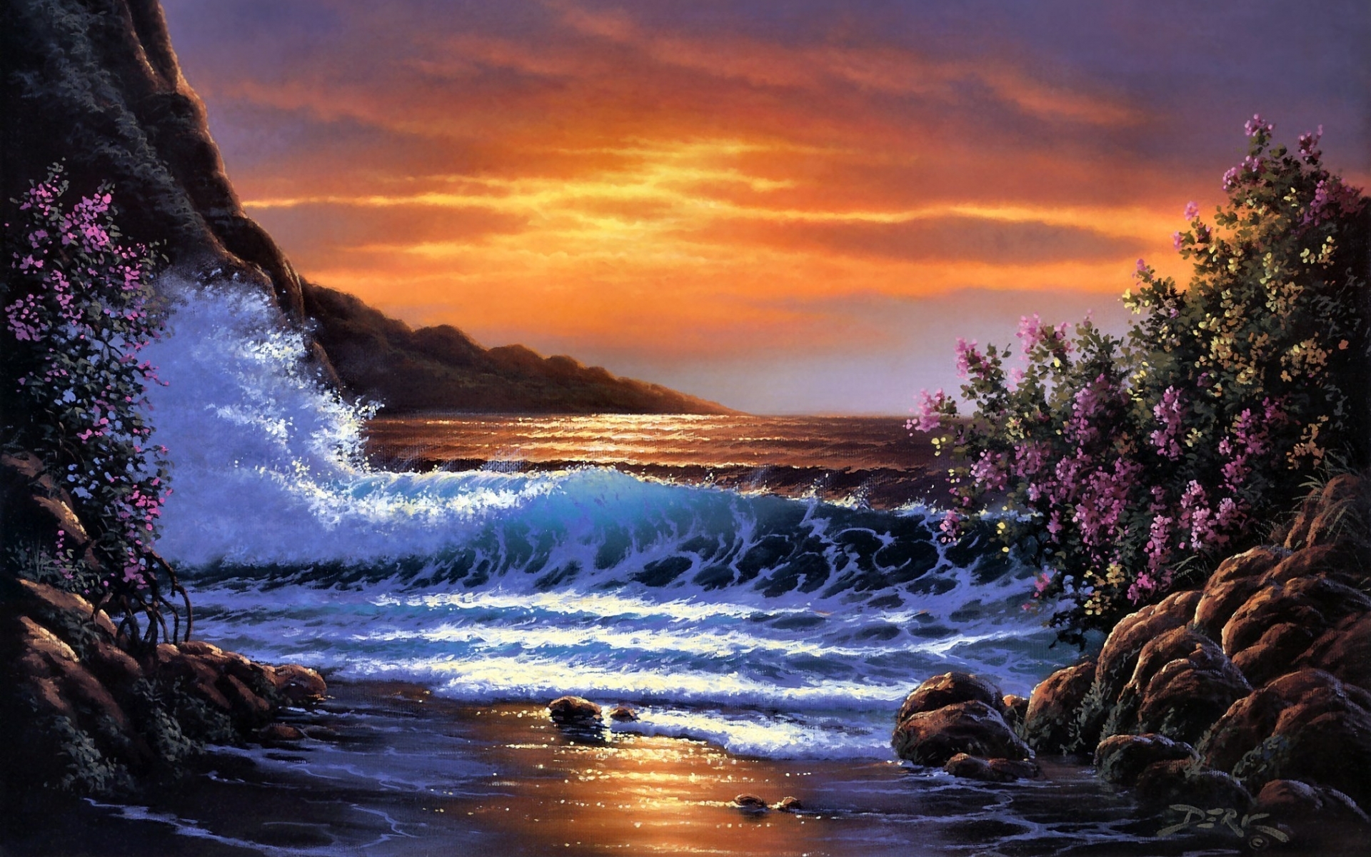 Download mobile wallpaper Sunset, Flower, Painting, Artistic, Wave, Seashore for free.