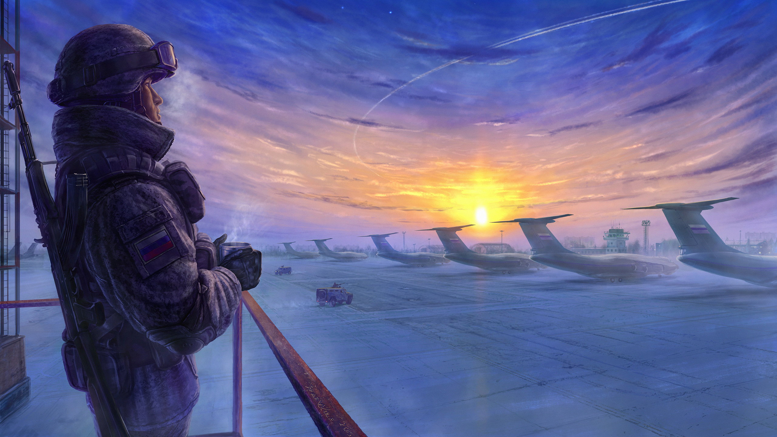 Free download wallpaper Sky, Sunrise, Artistic, Russia, Aircraft, Military, Soldier, Warplane, Transport Aircraft on your PC desktop