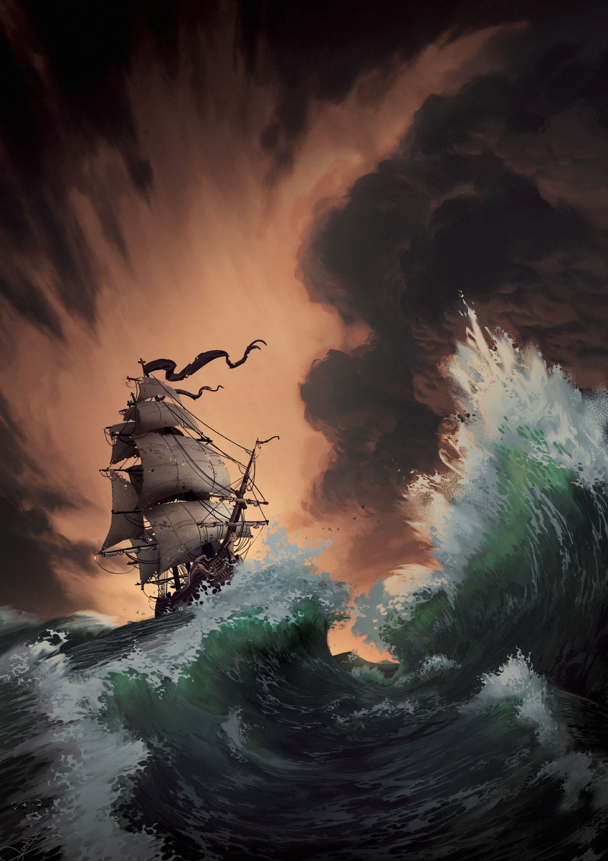 ship, art, sea, waves, storm