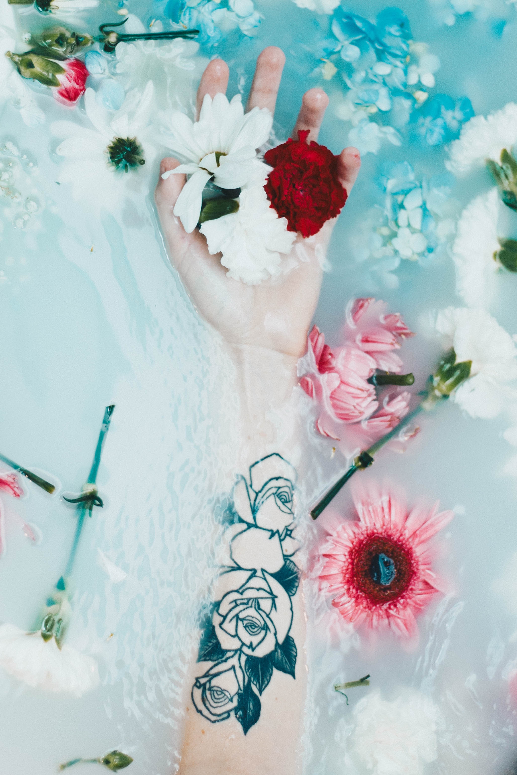 Download mobile wallpaper Miscellaneous, Miscellanea, Hand, Flowers, Water, Tattoo for free.
