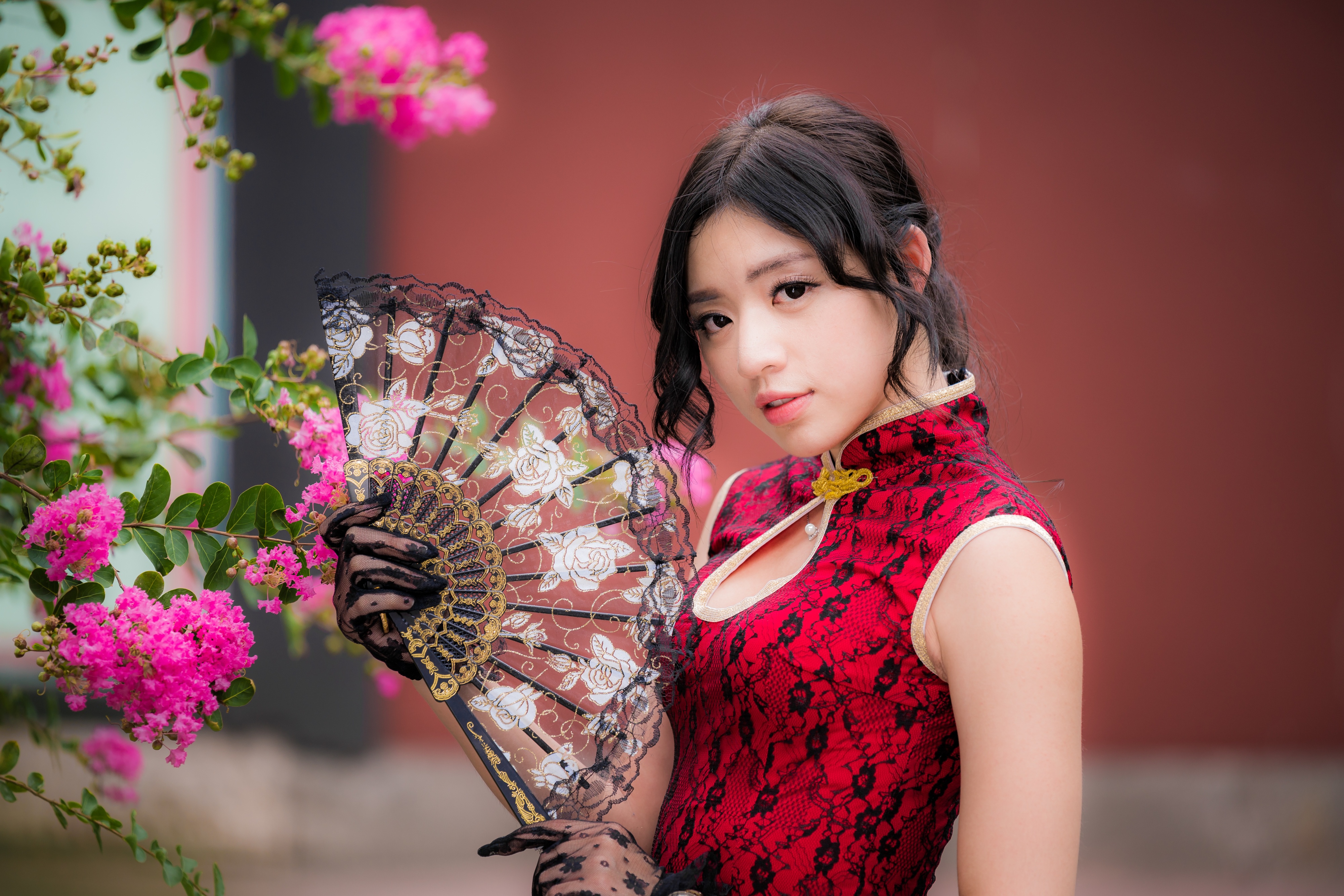 Download mobile wallpaper Dress, Model, Fan, Women, Asian, Black Hair, Depth Of Field for free.