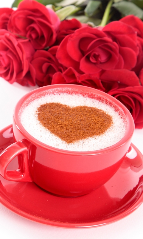 Handy-Wallpaper Rose, Tasse, Rote Rose, Romantisch, Nahrungsmittel, Kaffee, Herzförmig kostenlos herunterladen.