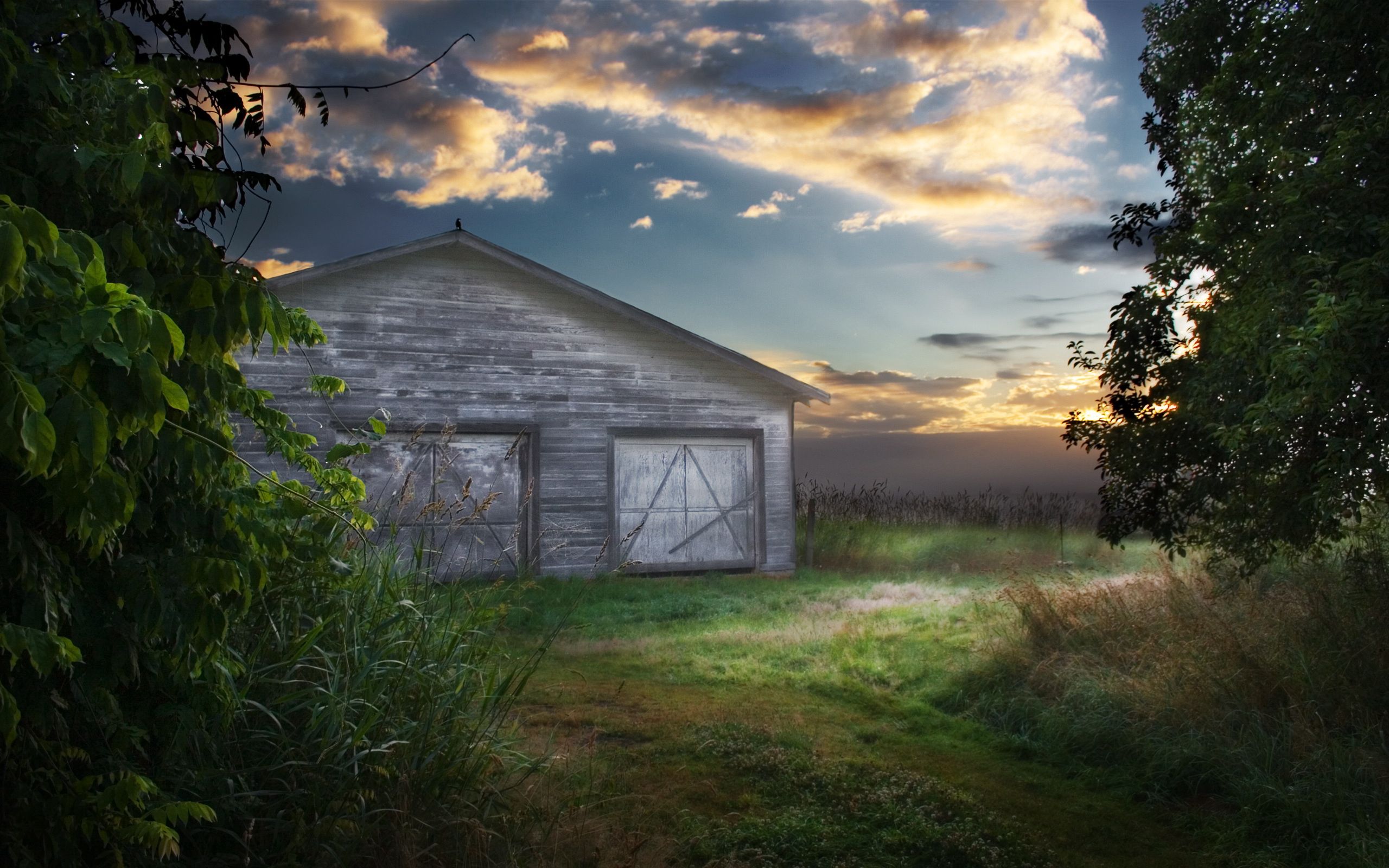 Download mobile wallpaper Clouds, Barn, Greens, Evening, Nature, Structure for free.