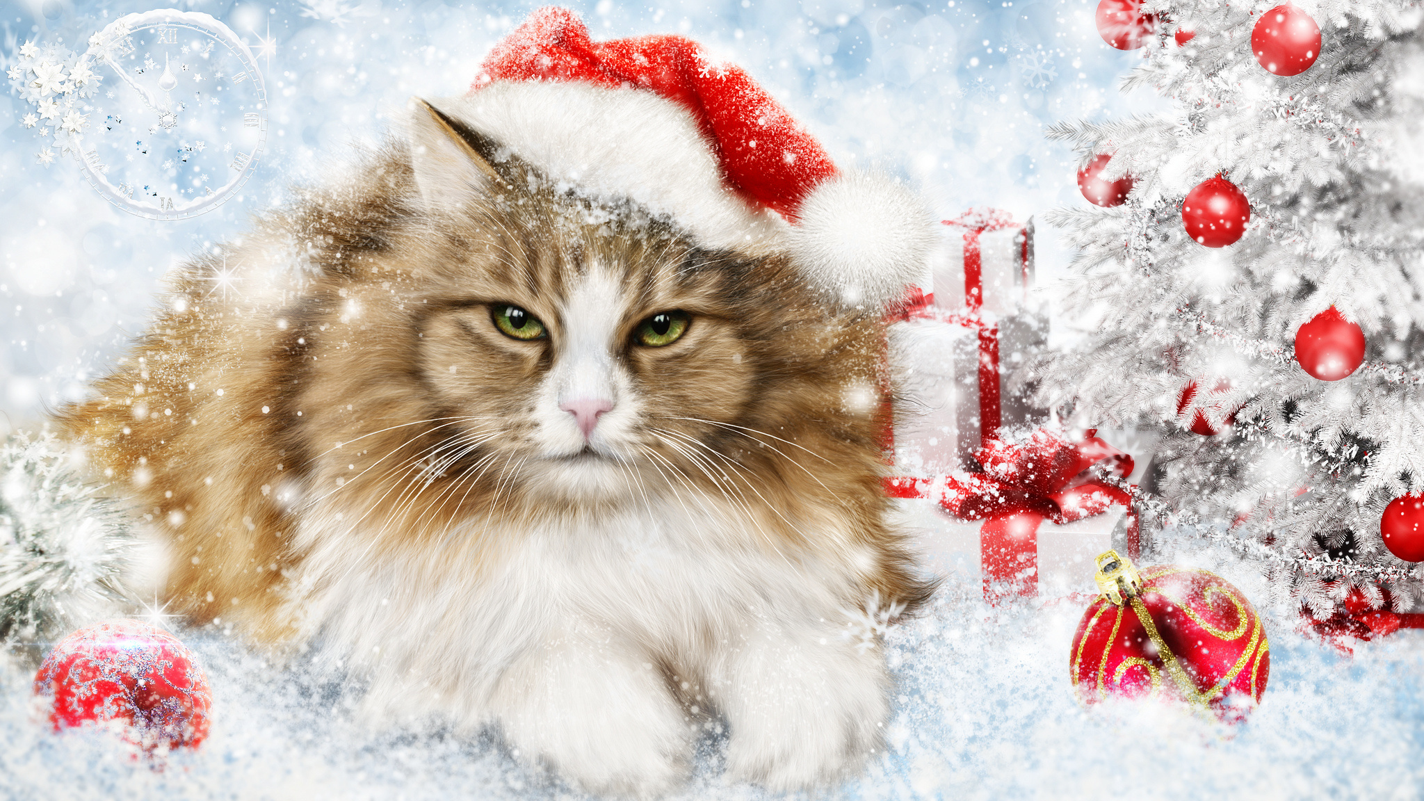 Download mobile wallpaper Cat, Christmas, Holiday, Christmas Tree, Christmas Ornaments, Santa Hat for free.