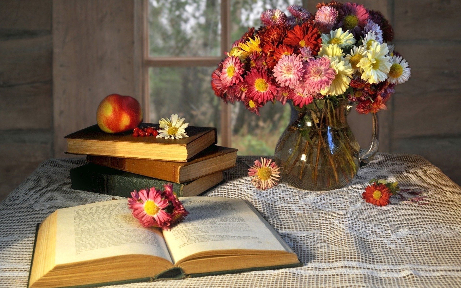 Free download wallpaper Apple, Still Life, Flower, Vase, Book, Photography, Pitcher on your PC desktop